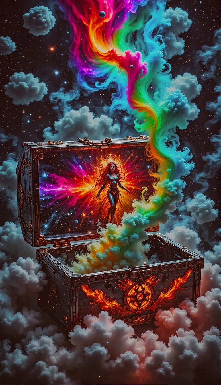 An open carved wooden chest with rainbow paint, space, planets, A godly woman & smoke Spewing out of it