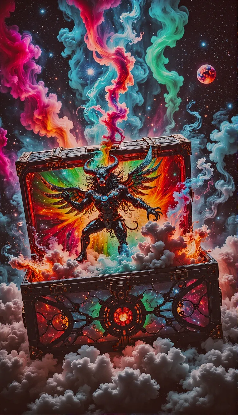 An open carved wooden chest with rainbow paint, space, planets, A Minotaur with wings & smoke Spewing out of it