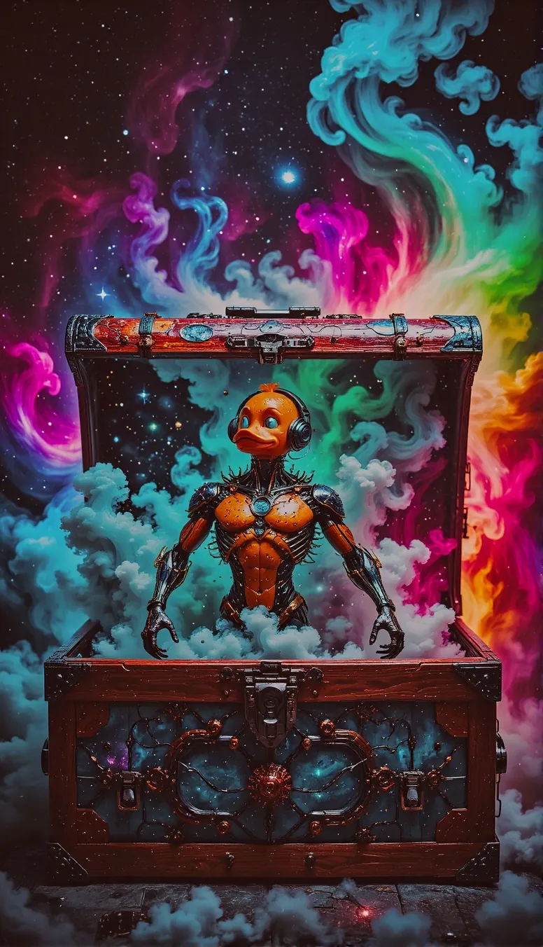 An open carved wooden chest with rainbow paint, space, planets, A yellow Rubber duck-humanoid hybrid with arms and legs & smoke Spewing out of it