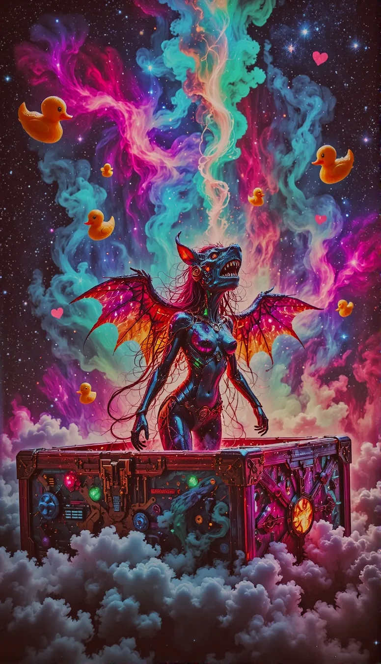 An open carved wooden chest with rainbow paint, space, planets, A Shark-humanoid female with Bat wings and a Shark head & smoke Spewing out of it & Lightning, yellow Rubber ducks & hearts in the background