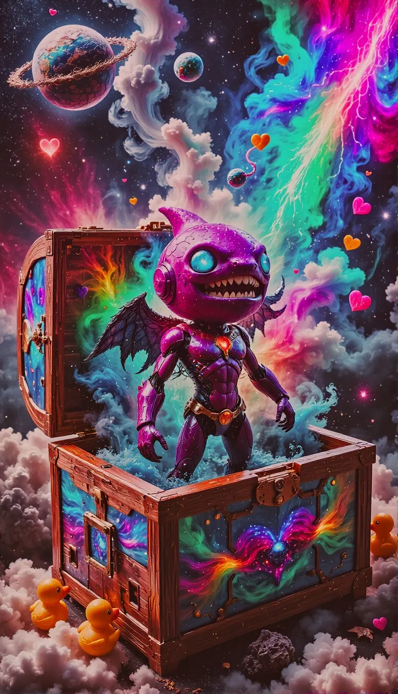 An open carved wooden chest with rainbow paint, space, planets, A Purple Shark-humanoid with Bat wings and a Shark head & smoke & octopus tentacles Spewing out of it & Lightning, yellow Rubber ducks & hearts in the background