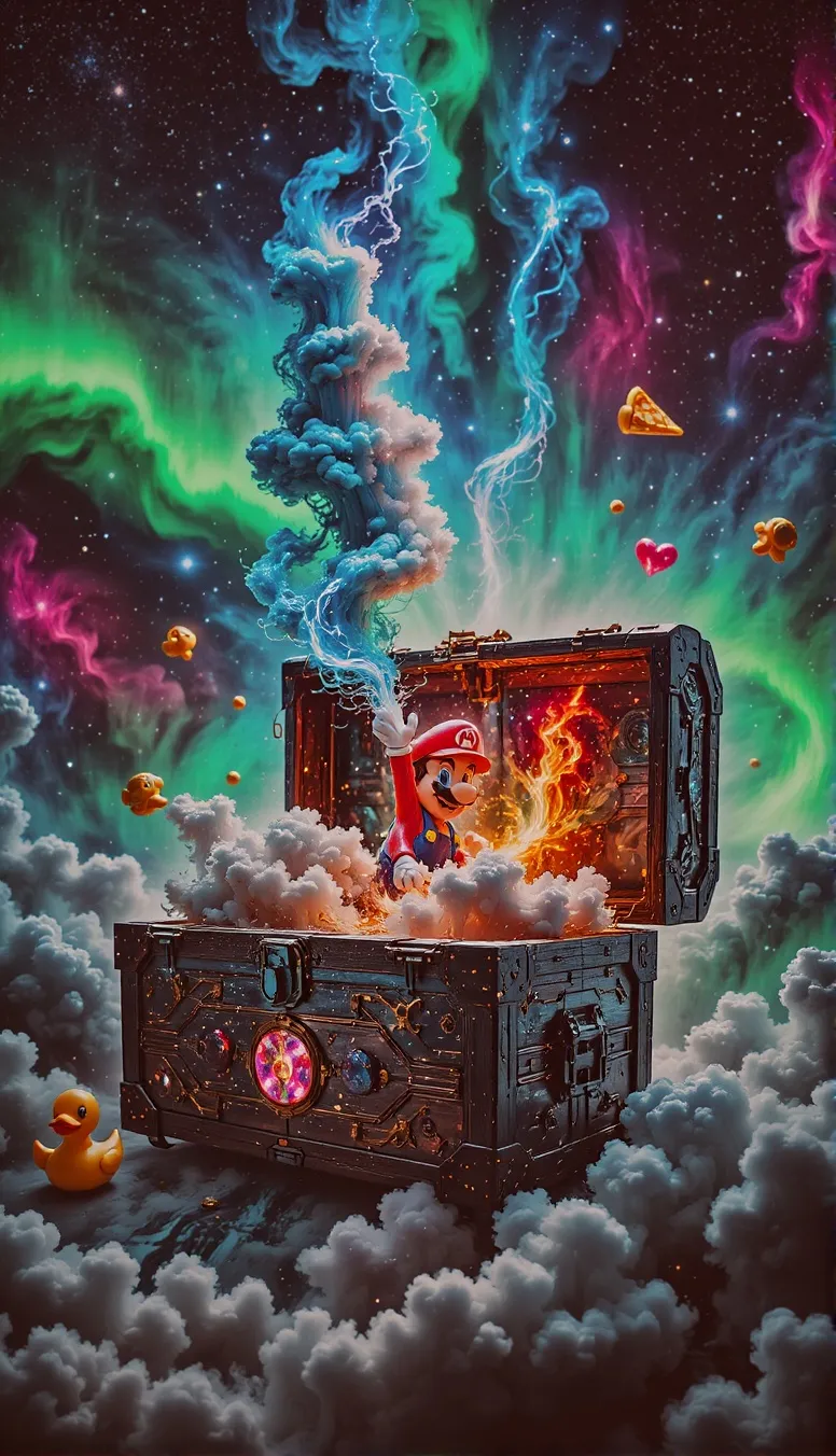 An open carved wooden chest with rainbow paint, space, planets, Mario & Toad with smoke Spewing out of it & Lightning, yellow Rubber ducks & a hearts and 1 slice of pizza in the background