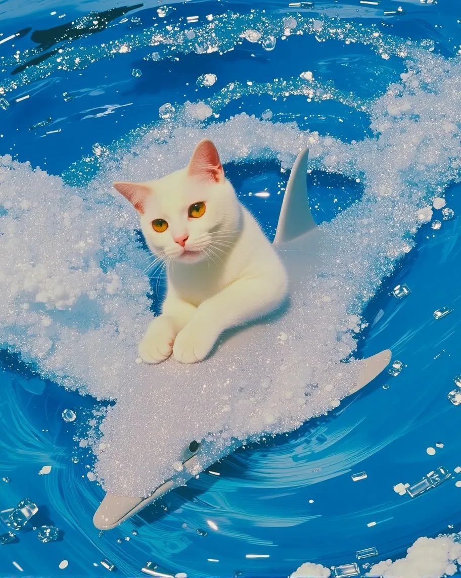 A cat riding a dolphin swirling - Free AI Photo Generator - starryai