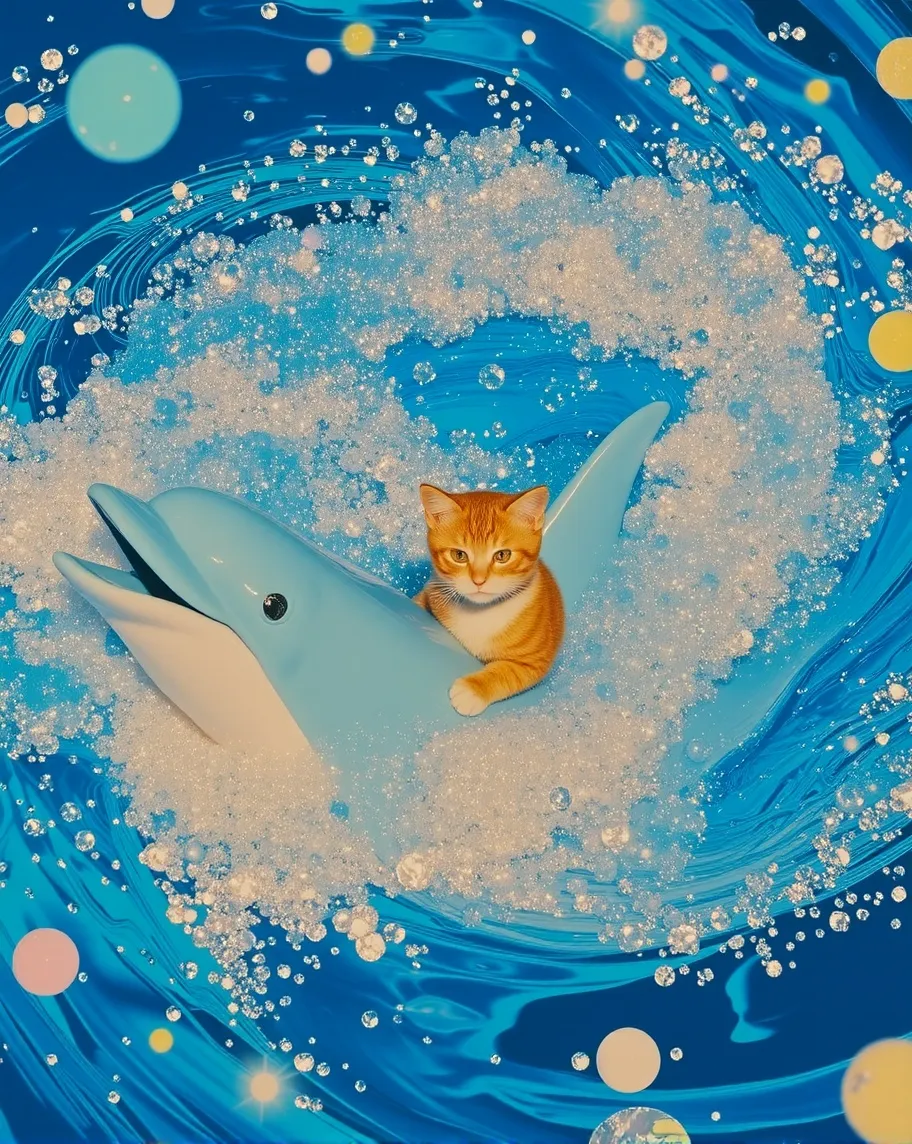 A cat riding a dolphin swirling - Free AI Photo Generator - starryai