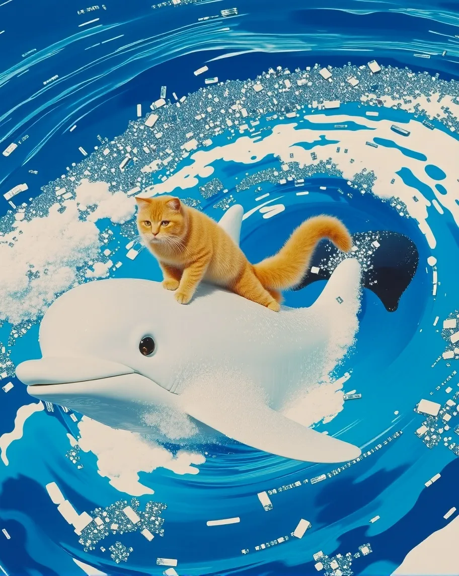 A cat riding a dolphin swirling - Free AI Photo Generator - starryai