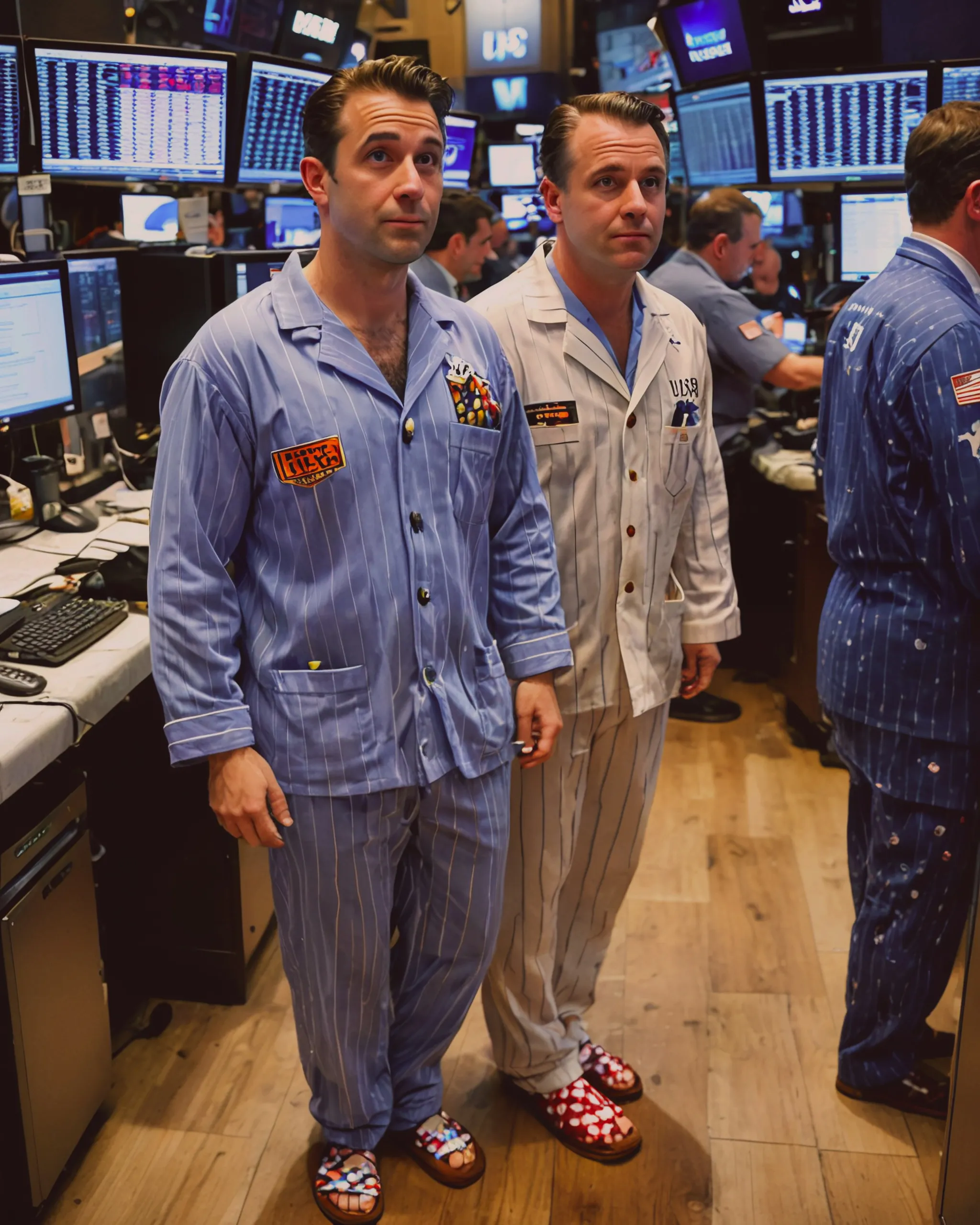 Everyone at the stock market exchange is wearing pajamas