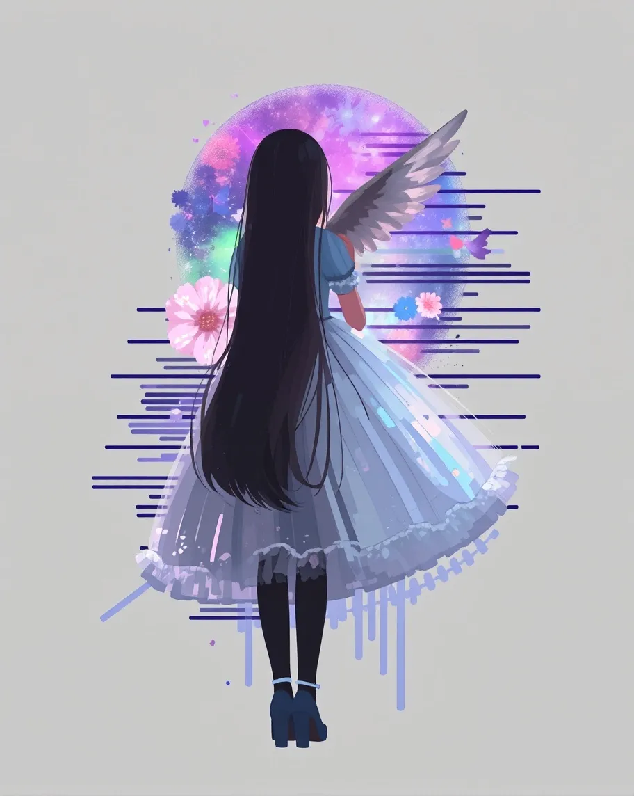 (/"back view/") wings clearly visible over her scapula, attached upto the scapula on her back, high wings🪽🦢. Dark leggings, luminous lavender flowers petticoats. The woman's dark hair is a key element of pixelation artwork,seemingly dissolving into digitally glitching,night sky behind her.Sky is filled á vibrant mix of colors—purples,pinks,blues,& hints of gold—resembling a nebula or galaxy.The glitching effect is created by horizontal pixelated stripes. Voluminous white ballgown,large,poofier white ballgown,á multi-layered ruffle