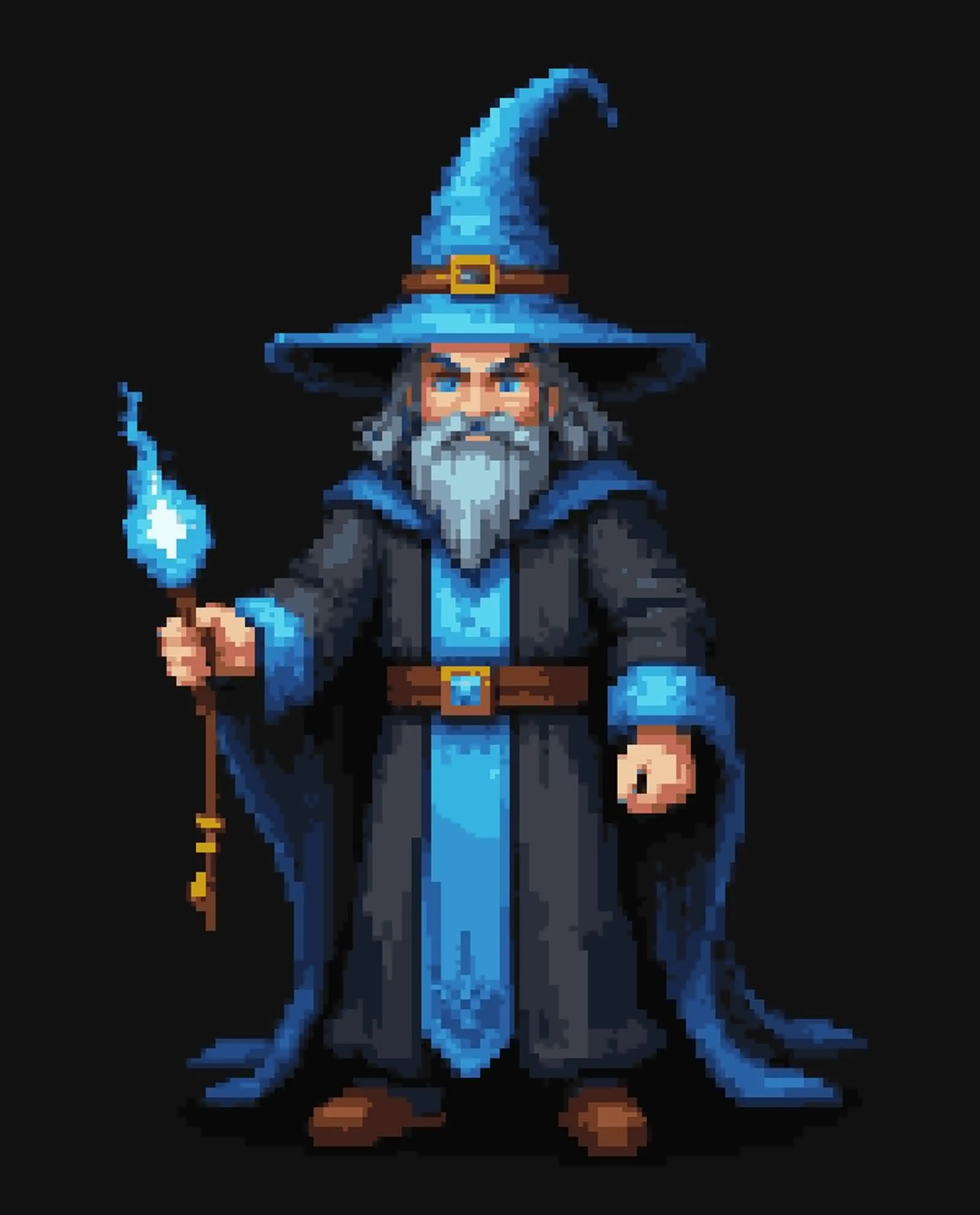 Blue wizard. Young strong man. Black background.