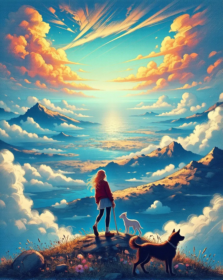 A girl her dog look out over - Free AI Photo Generator - starryai