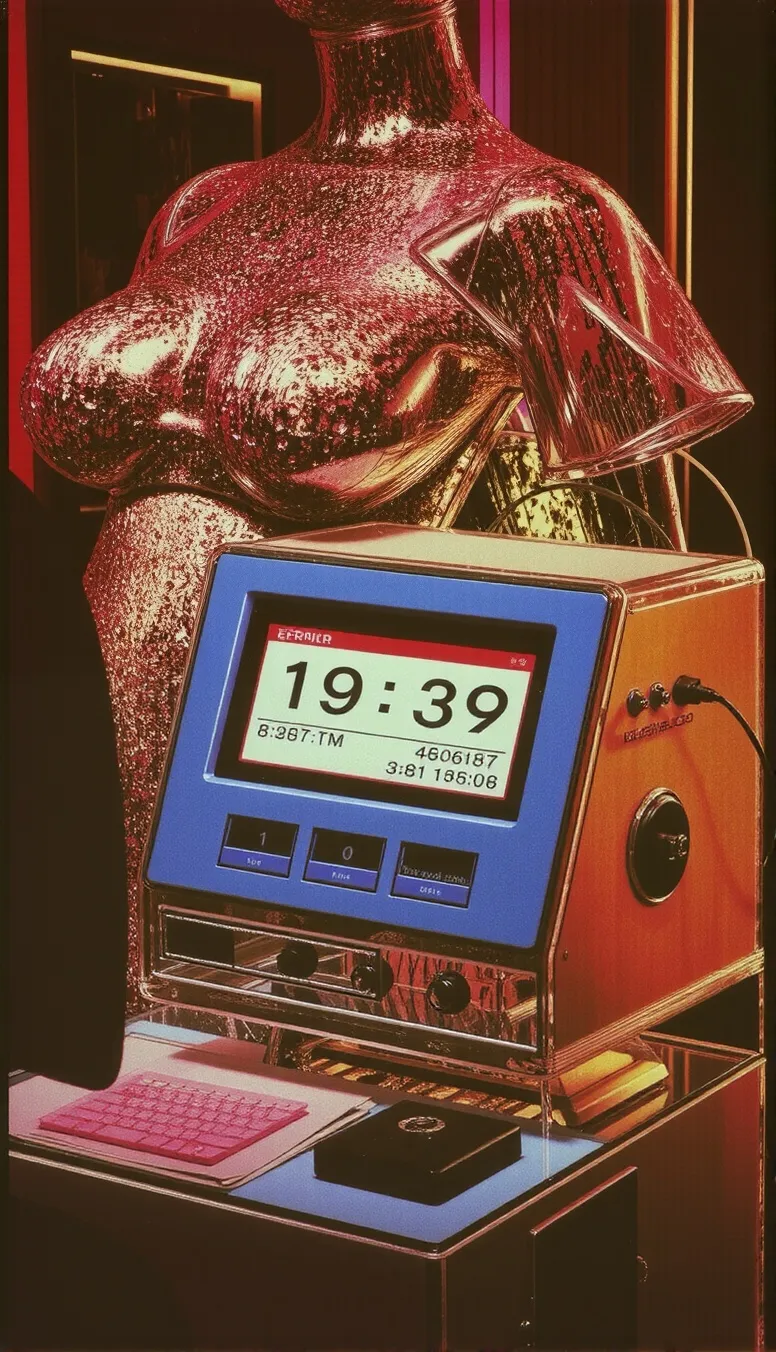 1979 clear plastic mannequin, biomechanical fusion, interior components visible through translucent casing, stunner mannequin woman who is also a covert explosive device, clock timer countdown built in, error message pop up screen overlayed on foremost plane, glass encased subject built into computer console, money, cash, mannequin stunner woman, behind glass, overlaid data, psychic thriller, retro style, mirror, vanity, anticipation, visual tension, complex wires and tubes connected to console, subject built into console, behind glass encasement 16k uhd sharp focus fast shutter speed realism 