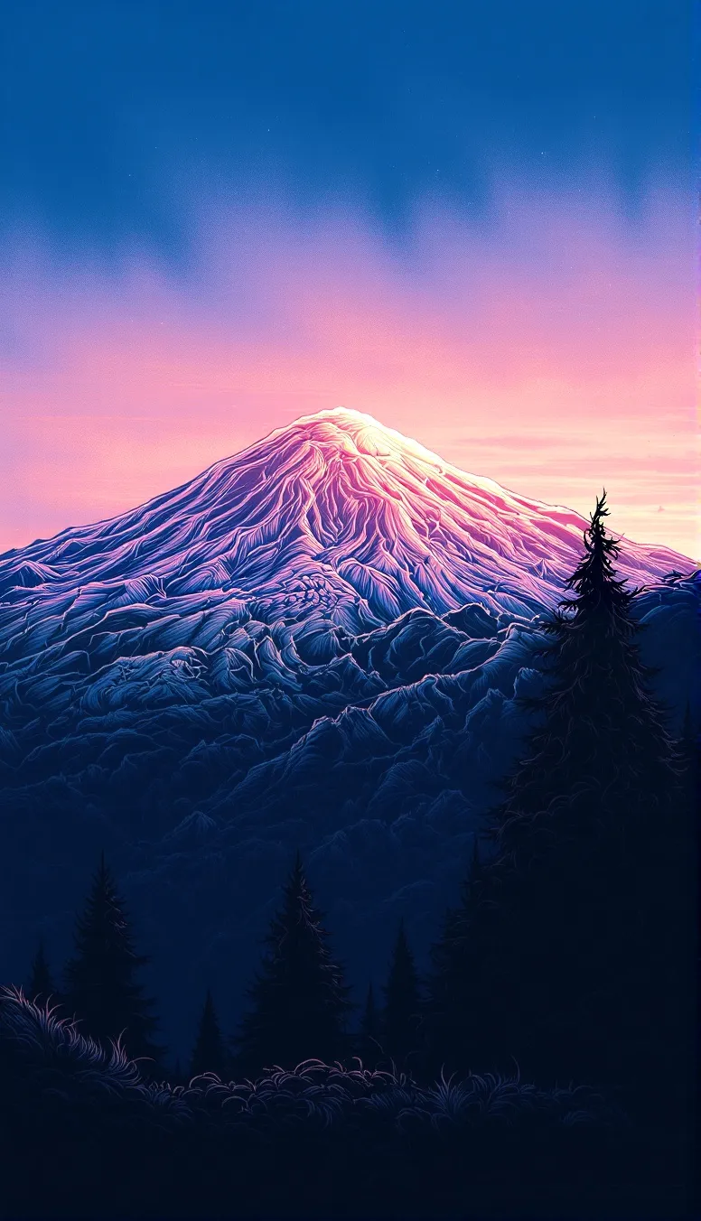 Oil painting of Mount Fuji in sunset lighting depicting snow covering the mountain in a beautiful peach ray color, drawing in Japanese style watercolor, dark blue skies, dramatic lighting, inspired by the rich traditional Japanese landscape paintings, 8k resolution, distinctive shapes and shadows of the mountain complicated landscape, hyper realistic, award winner 