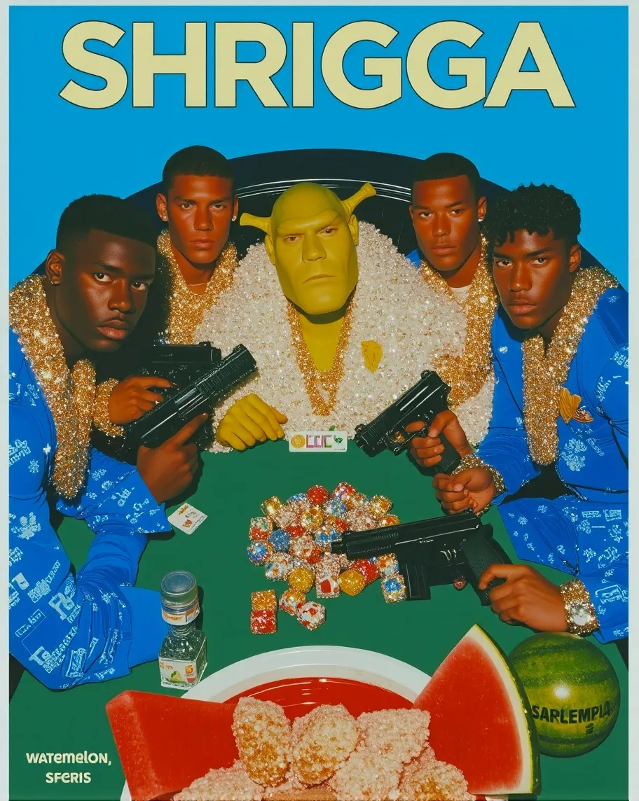 Comedy movie poster, movie title: SHRIGGA, featuring three black men playing poker with the Orc Shrek, golden necklaces, UZI guns, fried chicken, watermelon, ♣️ ♦️ ♥️ ♠️ 