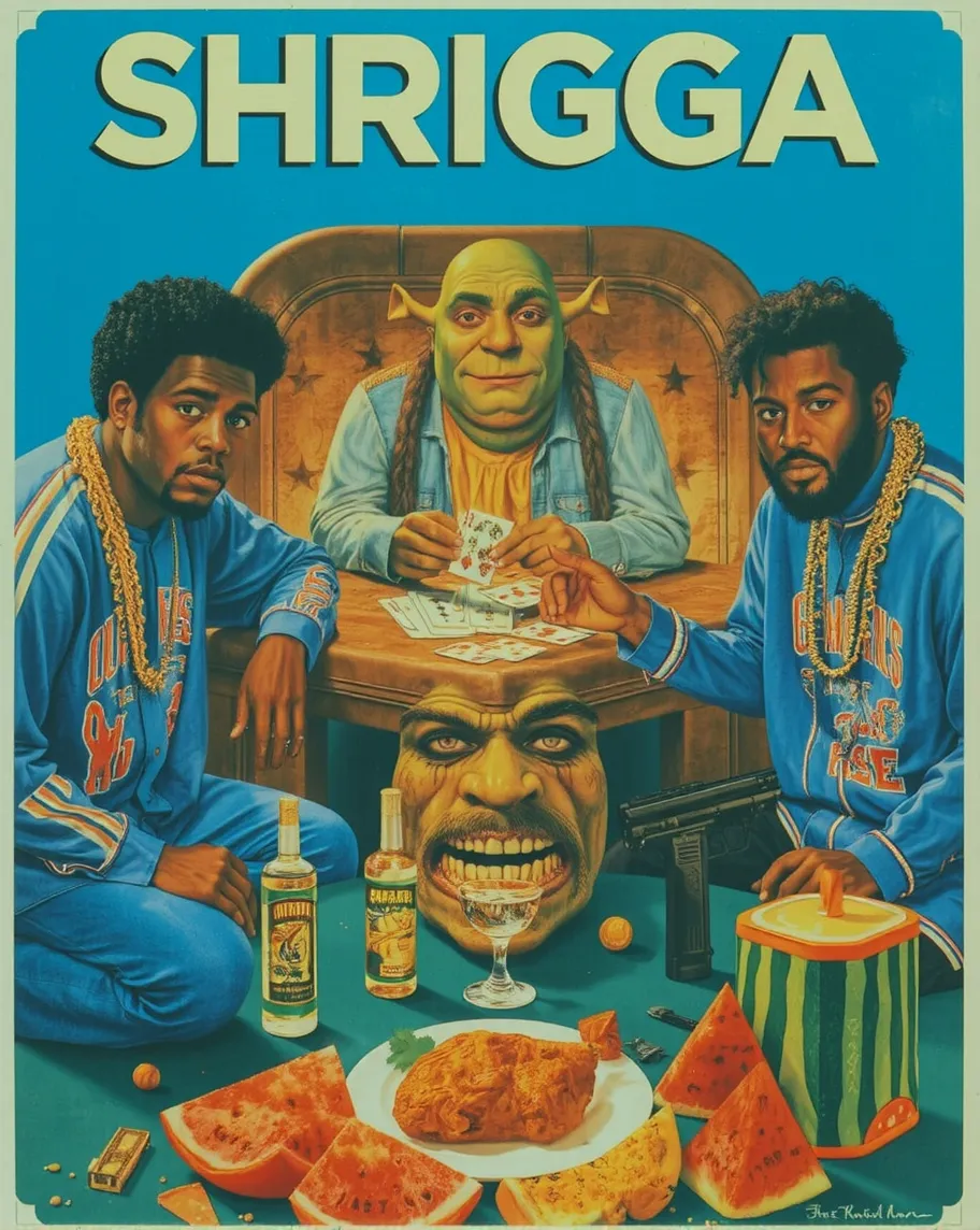 Comedy movie poster, movie title: SHRIGGA, featuring three black men playing poker with the Orc Shrek, golden necklaces, UZI guns, fried chicken, watermelon, ♣️ ♦️ ♥️ ♠️ 