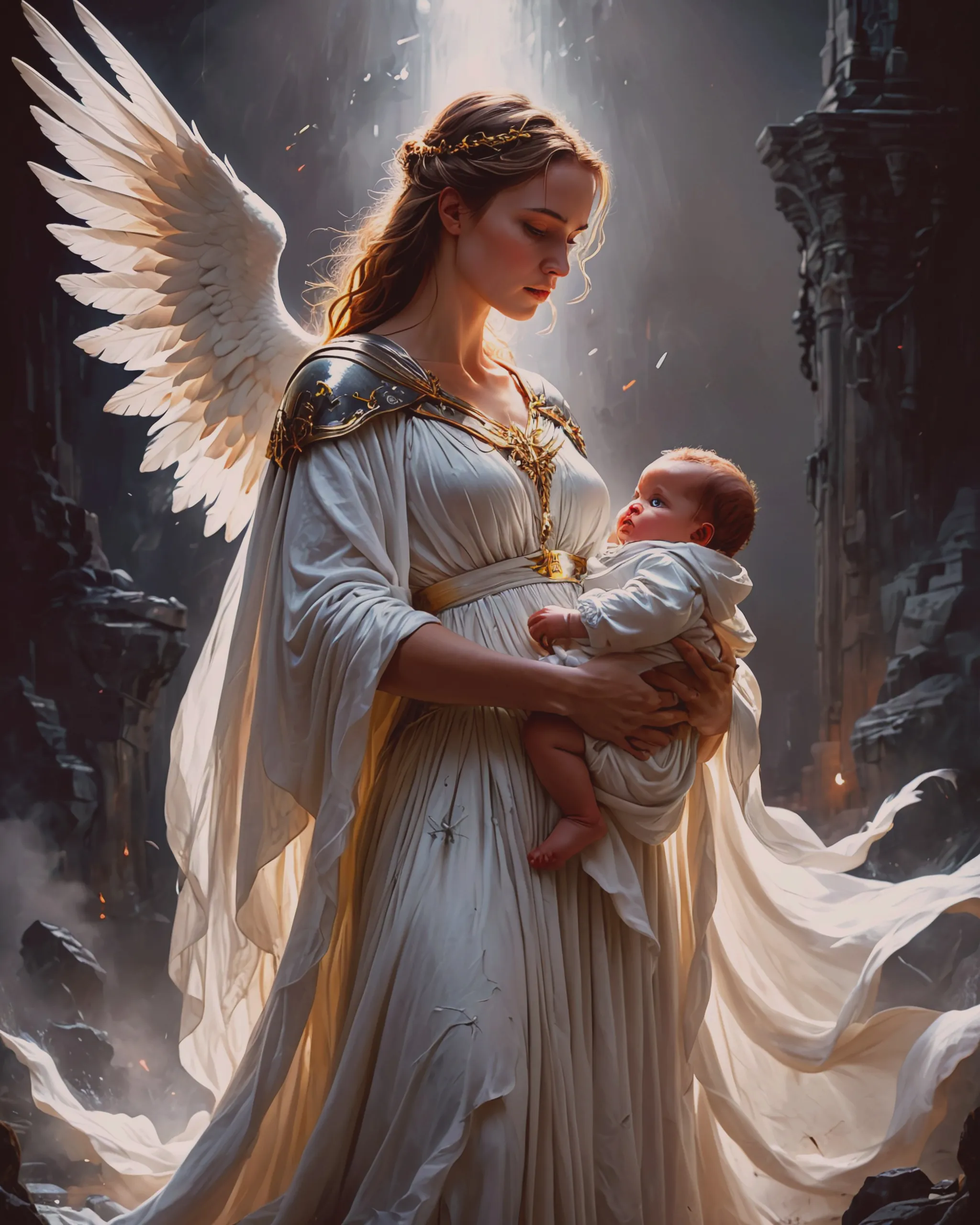 A young mother holding protecting - Free AI Photo Generator - starryai