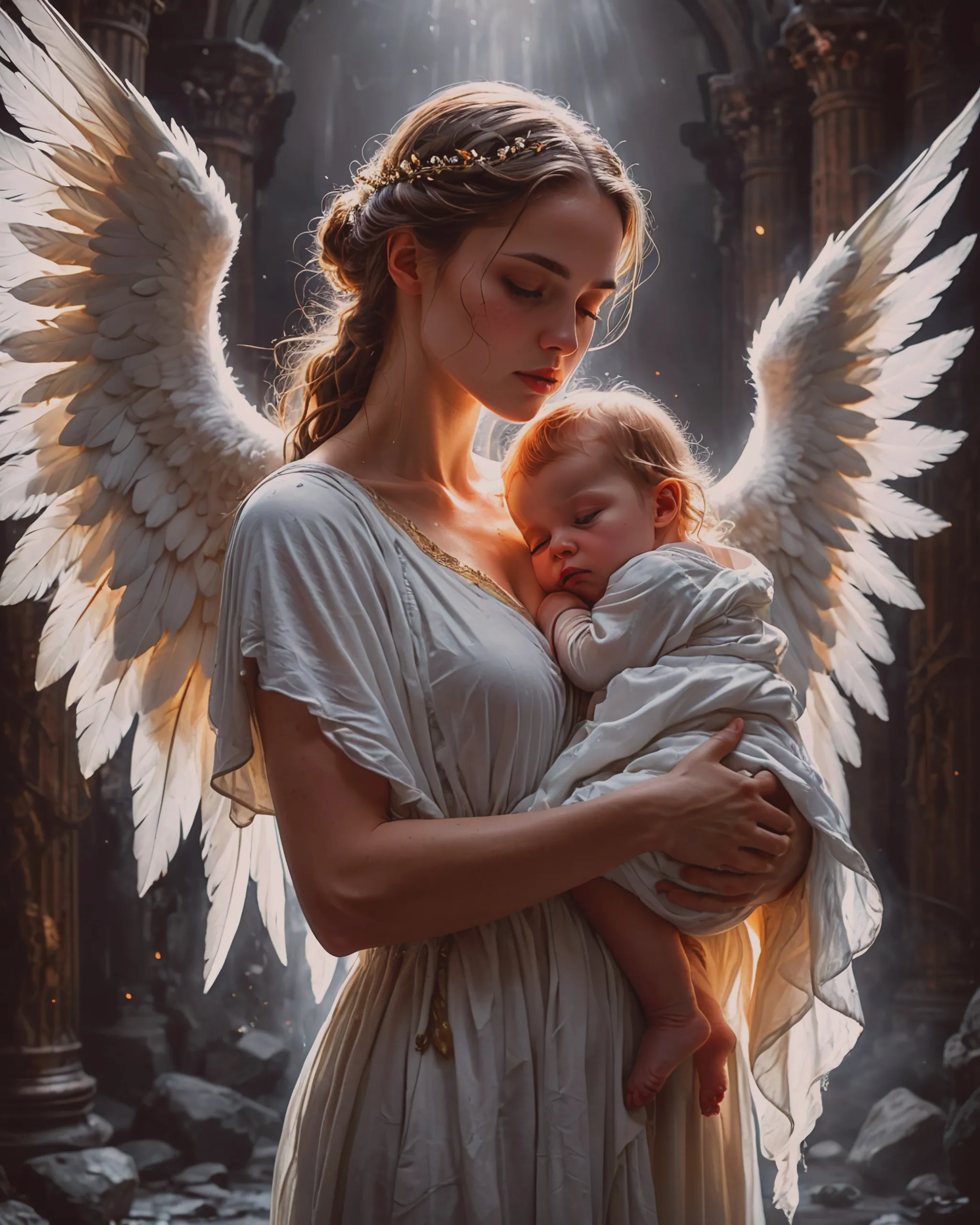 A young mother holding protecting - Free AI Photo Generator - starryai