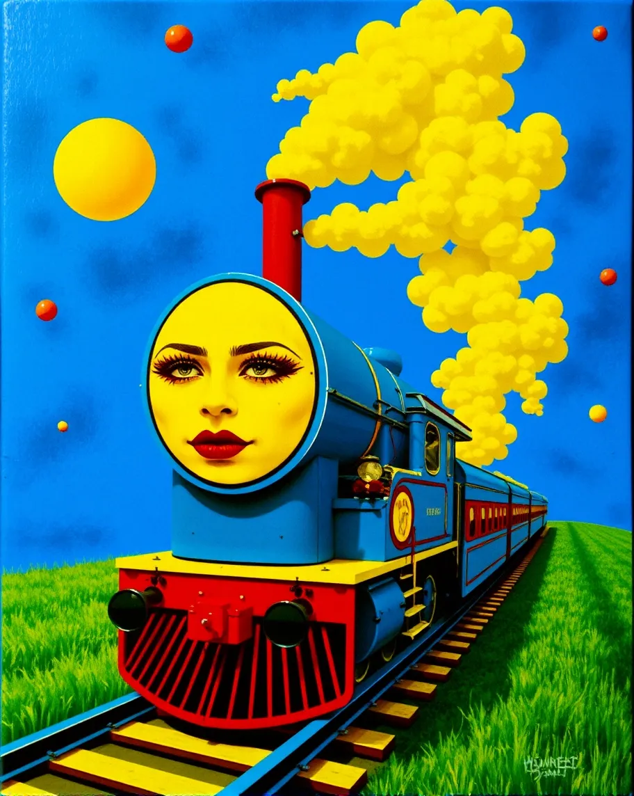 Night Train.                   psychedelic, acrylic on canvas, pop art, Roy Liechtestein, bright colours, dynamic, fun, caricature, cartoonish, hajime sorayama 