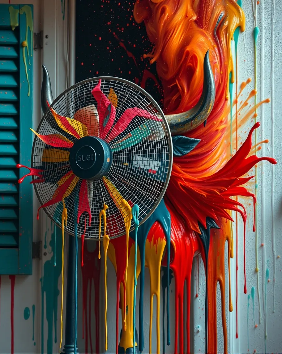 Painting of a fan but another fan is blowing all colors of paint out a big window dripping paint all over into a Bull God