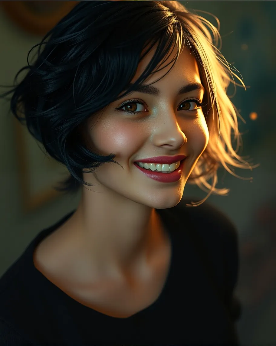 A beautiful woman. She has short - Free AI Photo Generator - starryai
