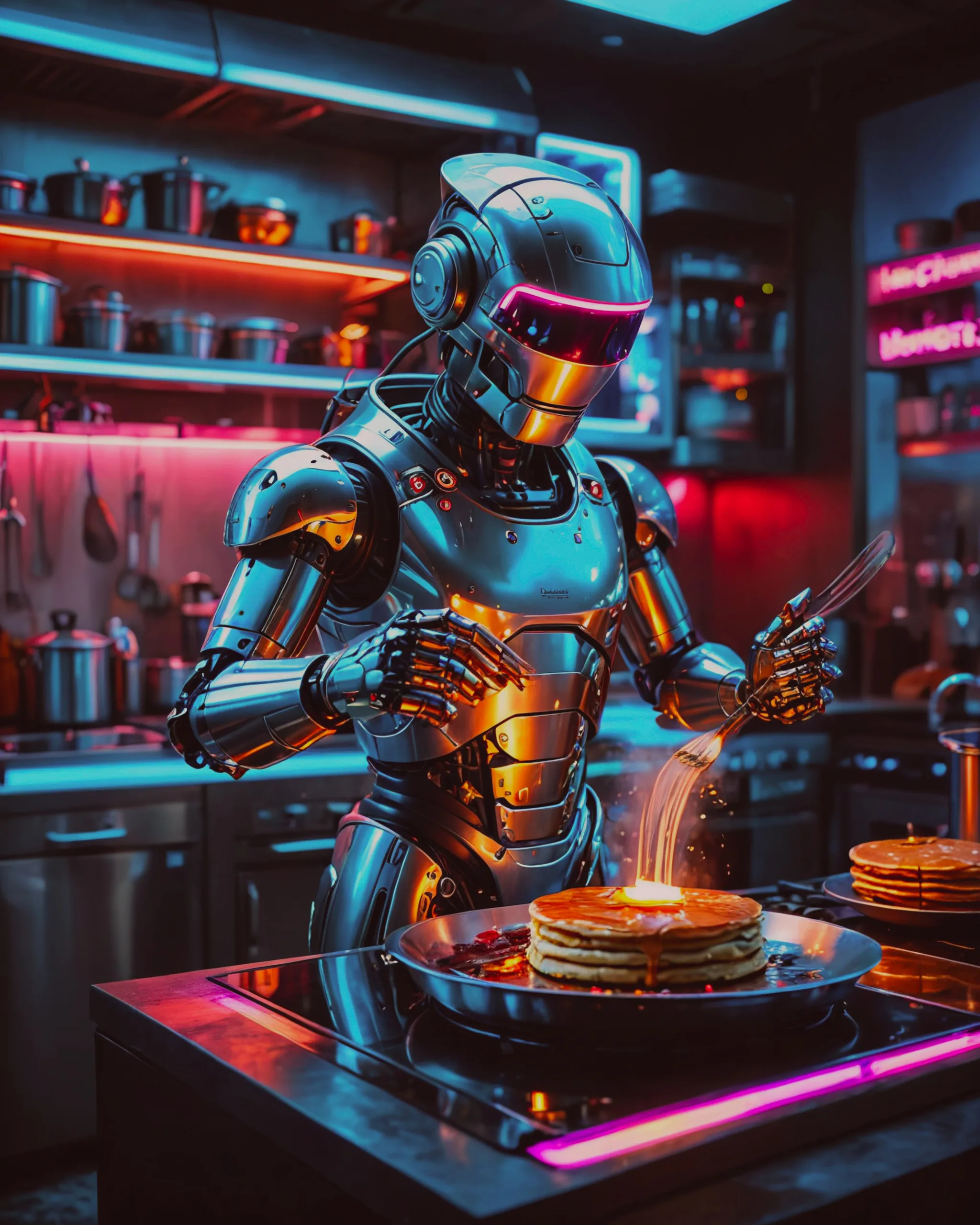 A robot chef flipping pancakes in a futuristic kitchen filled with glowing neon appliances.