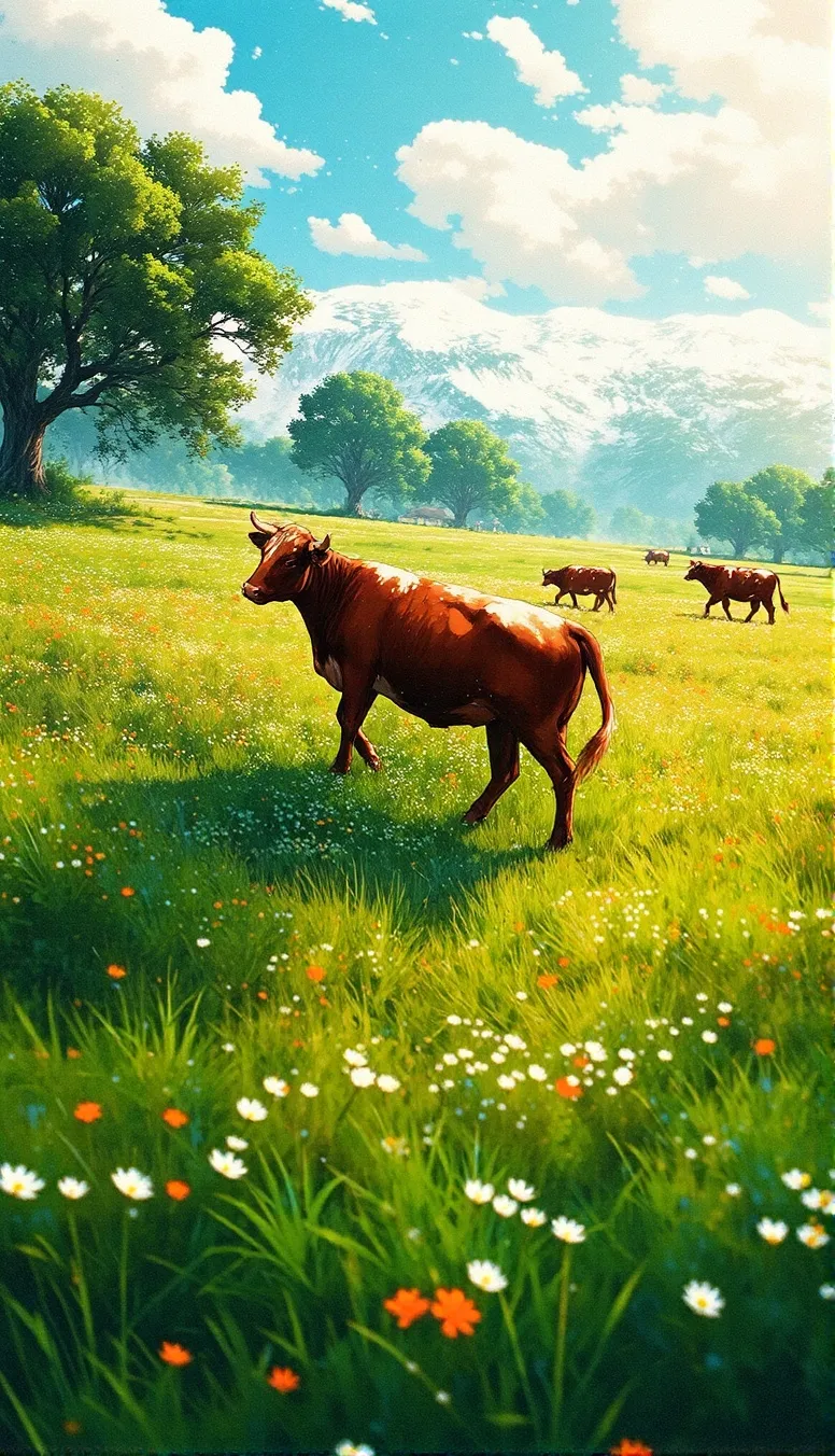 Grazing cows move slowly across an idyllic meadow, the camera tracking alongside them in a smooth side-angle motion.