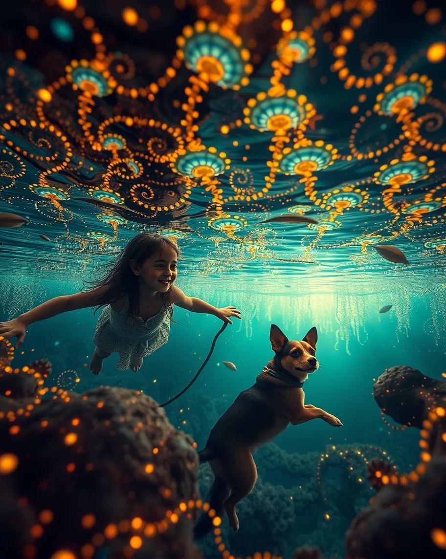 Artwork By Tony DiTerlizzi, a young girl and her dog swim through an Electroluminescent landscape ., underwater, deep ocean, concept art, fantasy art, rococo, space, intricate fractals, Art Nouveau, cosmic, vibrant, entangled, galactic, masterpiece, bokeh, fairy lights, golden hour