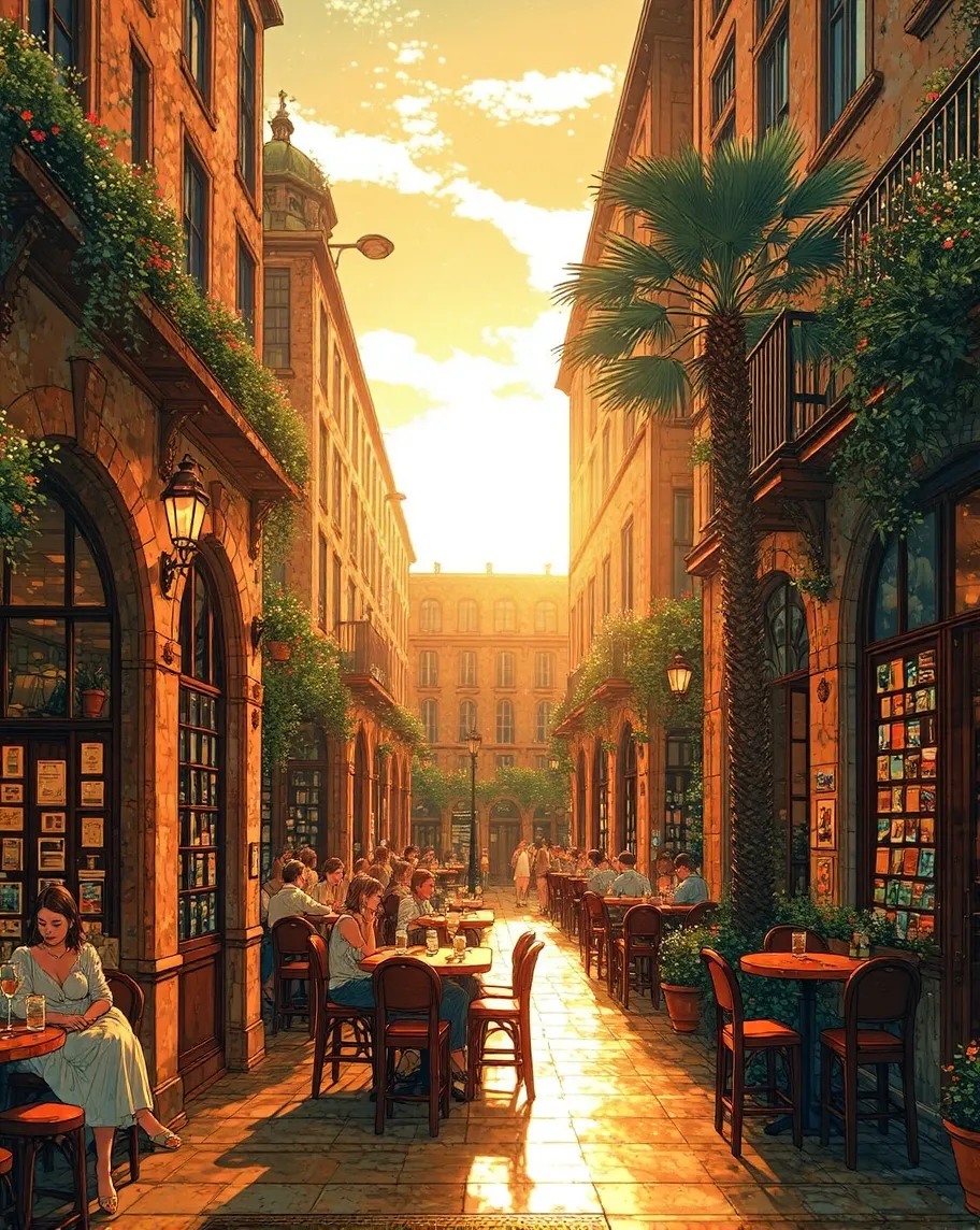 Una via accogliente di Barcellona al tramonto, con le sue caratteristiche facciate in stile modernista illuminate dalla luce dorata del sole che cala. Le terrazze dei caffè sono piene di persone che si godono l’ultimo momento di calore della giornata, chiacchierando e sorseggiando sangria. I mosaici colorati dei marciapiedi si riflettono nelle pozzanghere formate dalla pioggia leggera. Le palme ondeggiano dolcemente e le insegne dei negozi locali emettono una luce calda, creando una scena vivace ma rilassata.