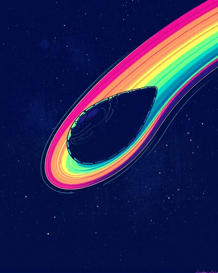 Asteroid with a rainbow trail flying through space, colorful, the asteroid is darker than the trail it leaves behind