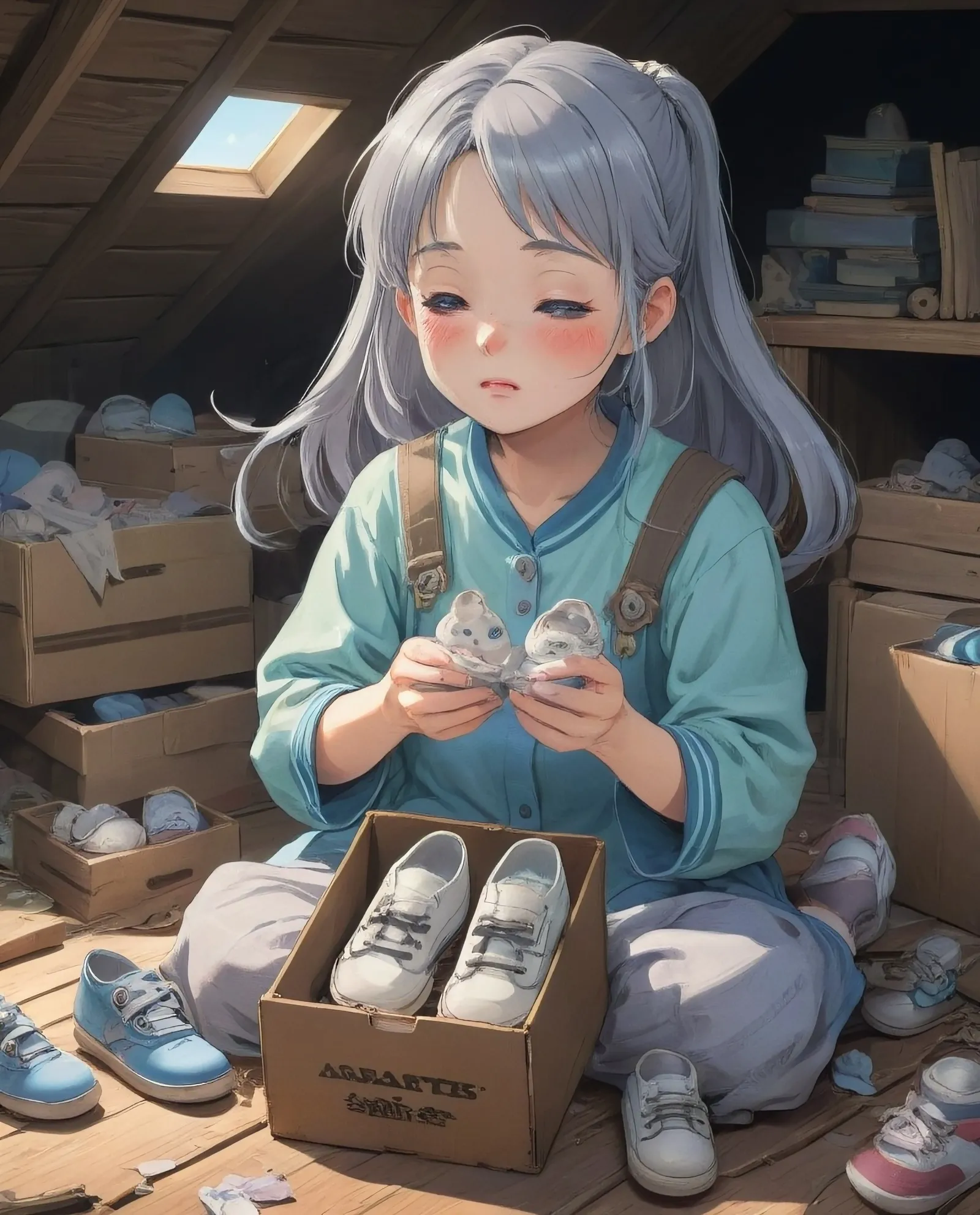 A mother opens an old, dusty box in the attic and finds a tiny pair of baby shoes. She holds them in her hands, closing her eyes as a single tear rolls down her cheek, remembering the child who once wore them."
