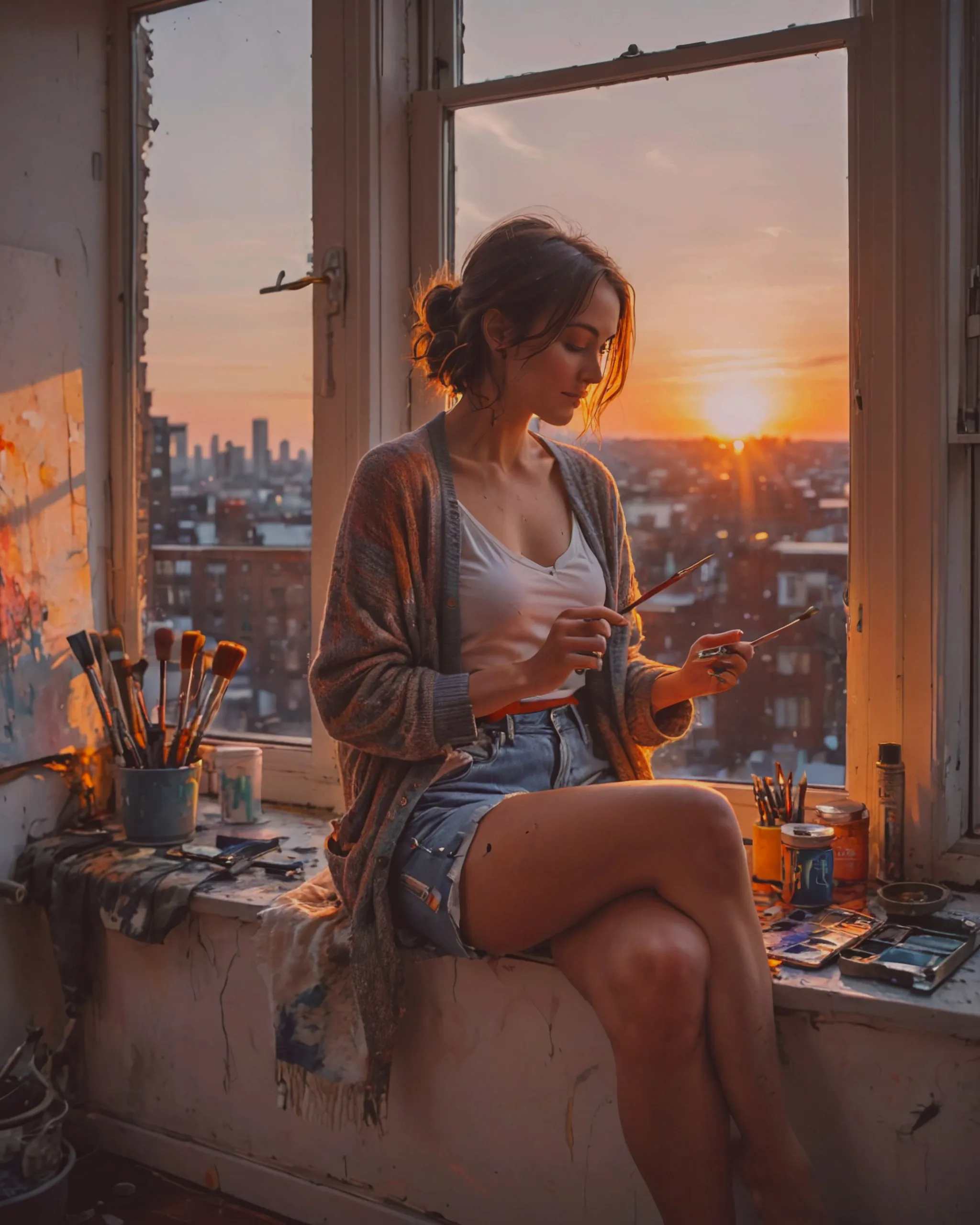 A woman sitting on a windowsill, - Free AI Photo Generator - starryai