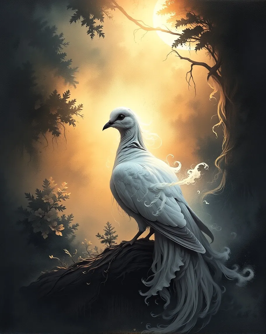 A beautifully detailed painting of a dove at dawn, its intricate feathers catching the soft, golden light. The rich textures of nature surround it, blending delicate brushstrokes with the serene glow of the morning.