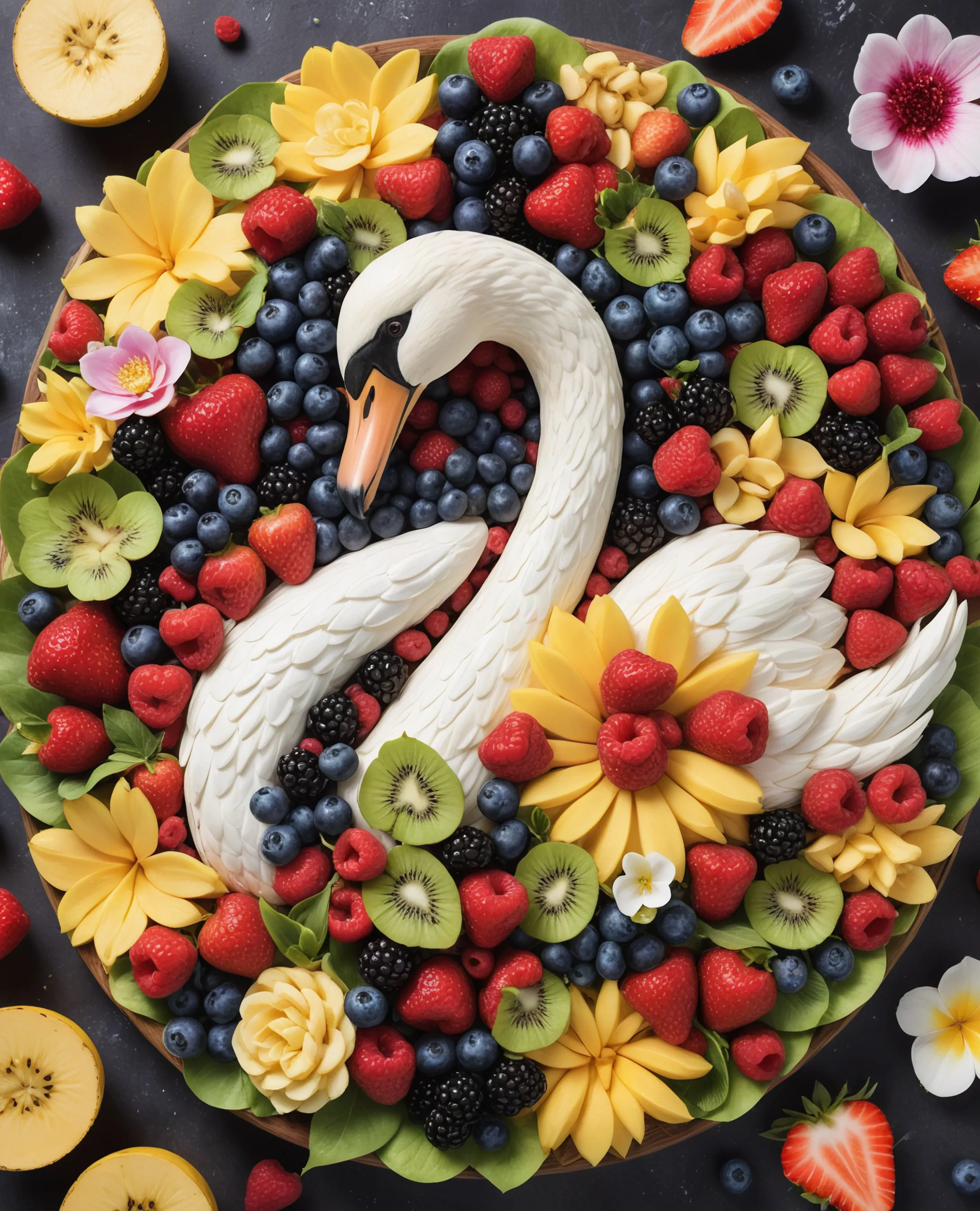 Swans Raspberry Rumble a fruit platter a swan made food - Free AI Photo Generator - starryai