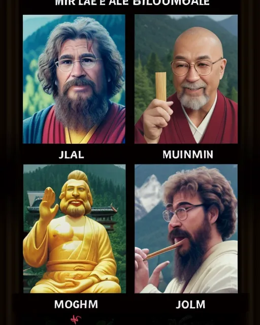 ; kermit the frog, bob ross, mr Rodgers, & Steve Irwin. To the side there's the massive "crazy horse monument"  lbut it has the face of Ronald Mcdonald the clown in front of  the golden arches! A whole clan of shaolin Buddhist monks meditating, praying, chanting etc. Mins are accompanied by Jesus  lighting incense stick.