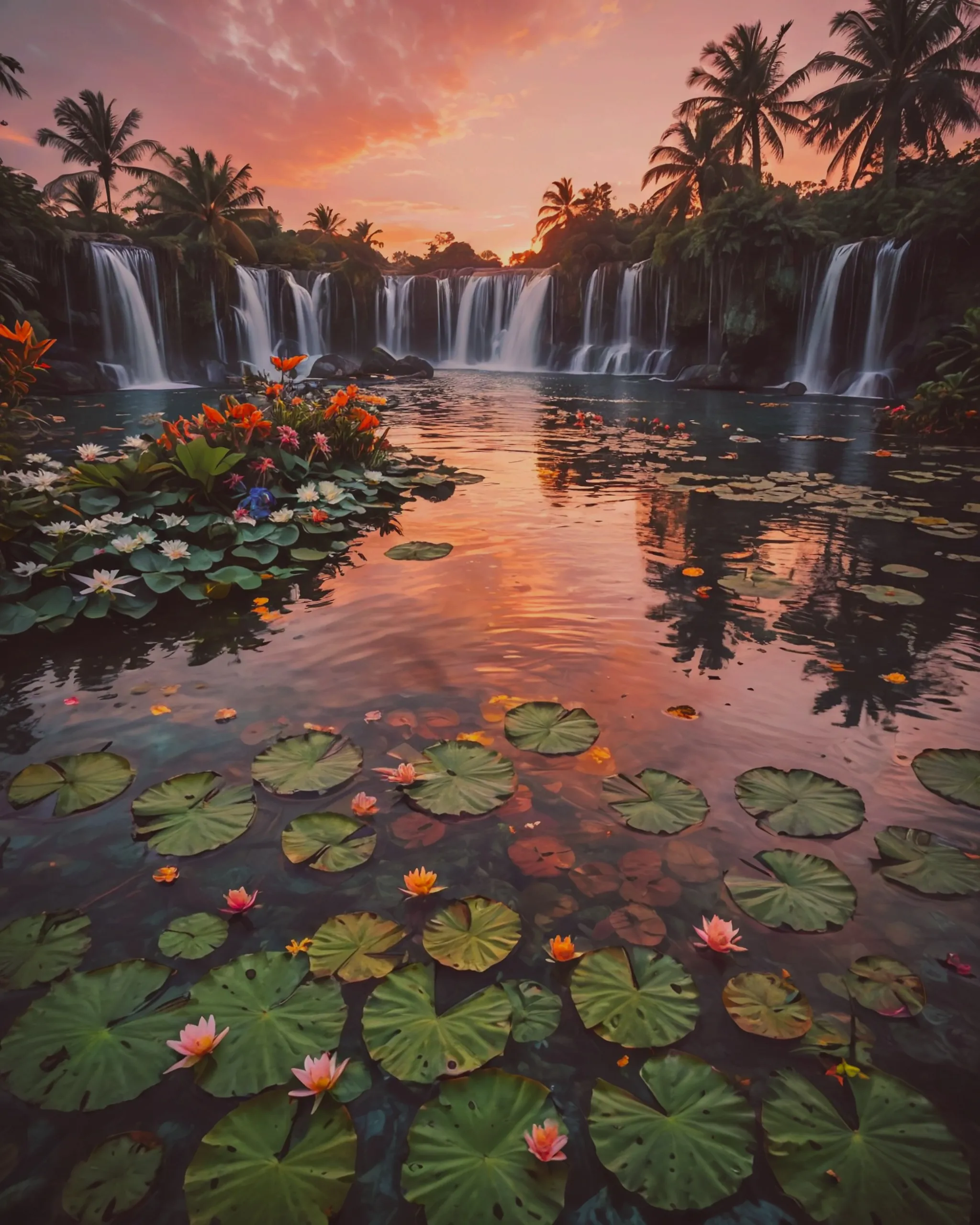 Create an image of a serene, tropical waterfall scene at sunset. The image should feature multiple cascading waterfalls flowing down a lush, green cliff into a tranquil pool below. The water should reflect vibrant, surreal colors, primarily blues, with hints of orange and pink from the setting sun. Surround the pool with dense, exotic vegetation, including large-leafed plants and colorful flowers. The water in the pool should have lily pads floating on its surface, adding to the natural beauty. The sky should be a gradient of warm sunset colors, transitioning from pink to purple,