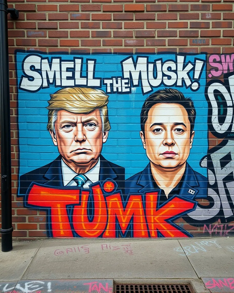 Mural graffiti on brick wall, mug shot like images of Donald Trump and Elon Musk, phrase "Smell the Musk!", street art style, vibrant colors, bold lines, urban setting, detailed texture, realistic rendering, high resolution, intricate design. 