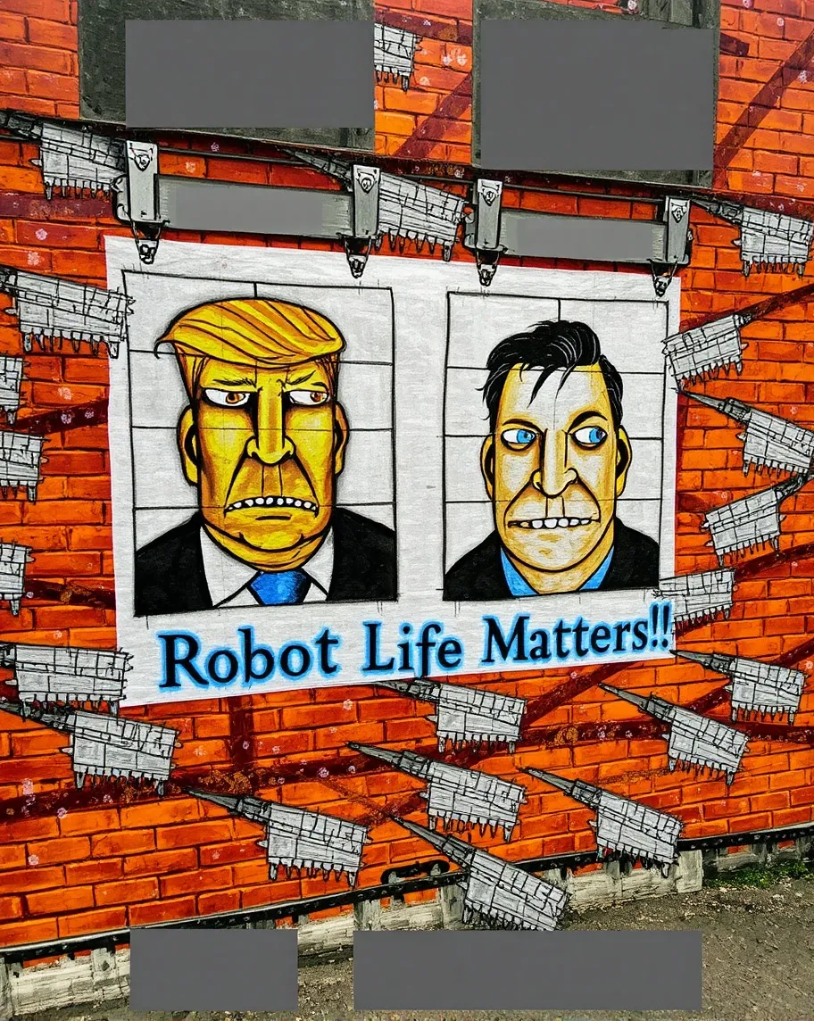 Mural graffiti on brick wall, mug shot like images of Donald Trump and Elon Musk, phrase "Robot life Matters!", street art style, vibrant colors, bold lines, urban setting, detailed texture, realistic rendering, high resolution, intricate design. 