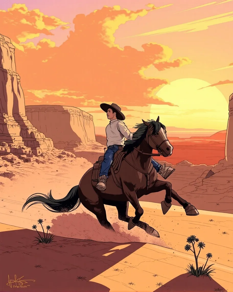 A cowboy riding a horse at full - Free AI Photo Generator - starryai