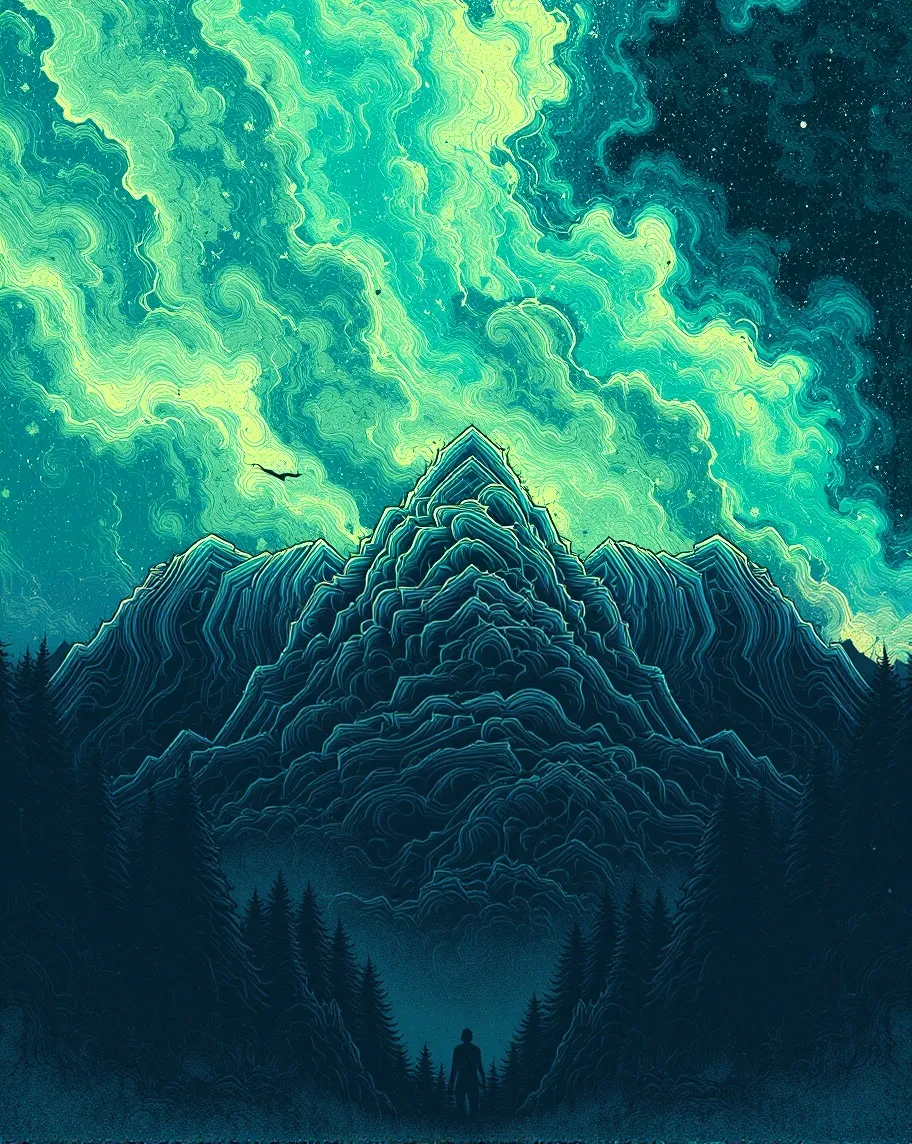 "A landscape where silence roars, emptiness echoes, and chaos coalesces into an unexpected beauty.  Jagged peaks pierce a sky filled with swirling nebulae.  The scene is both terrifying and breathtaking.  Style: Dark fantasy meets space opera.  Keywords: paradoxical, silent, chaotic, beautiful, terrifying, breathtaking, cosmic, jagged."