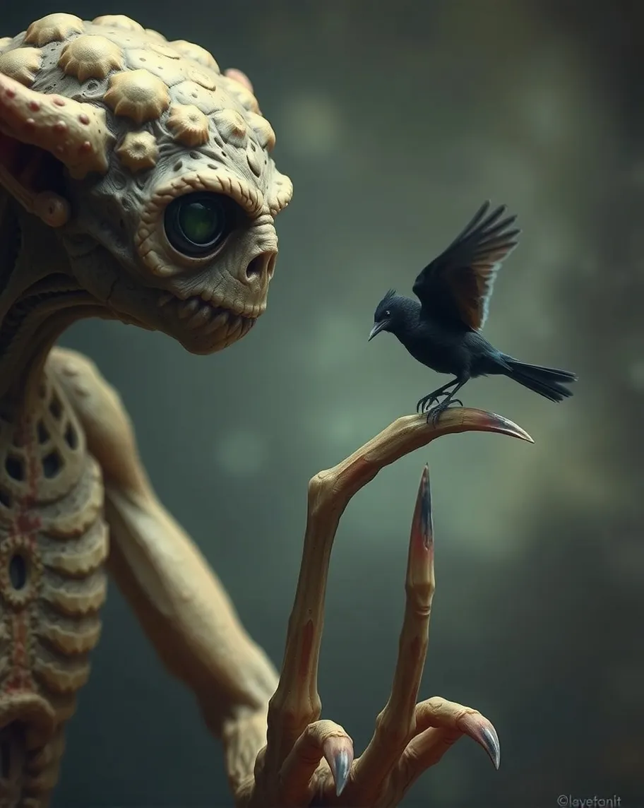 Strange creature looking at a on - Free AI Photo Generator - starryai