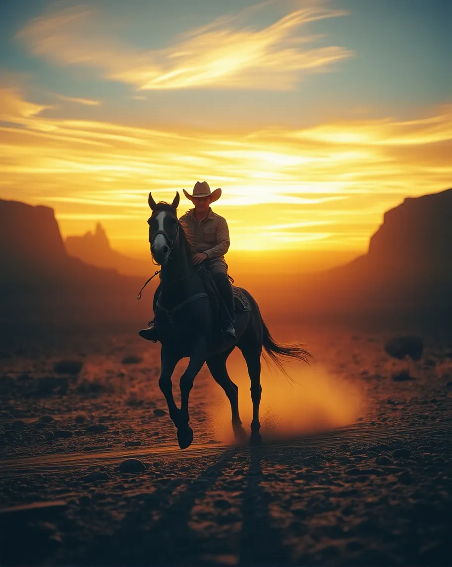 A cowboy riding a horse at full - Free AI Photo Generator - starryai