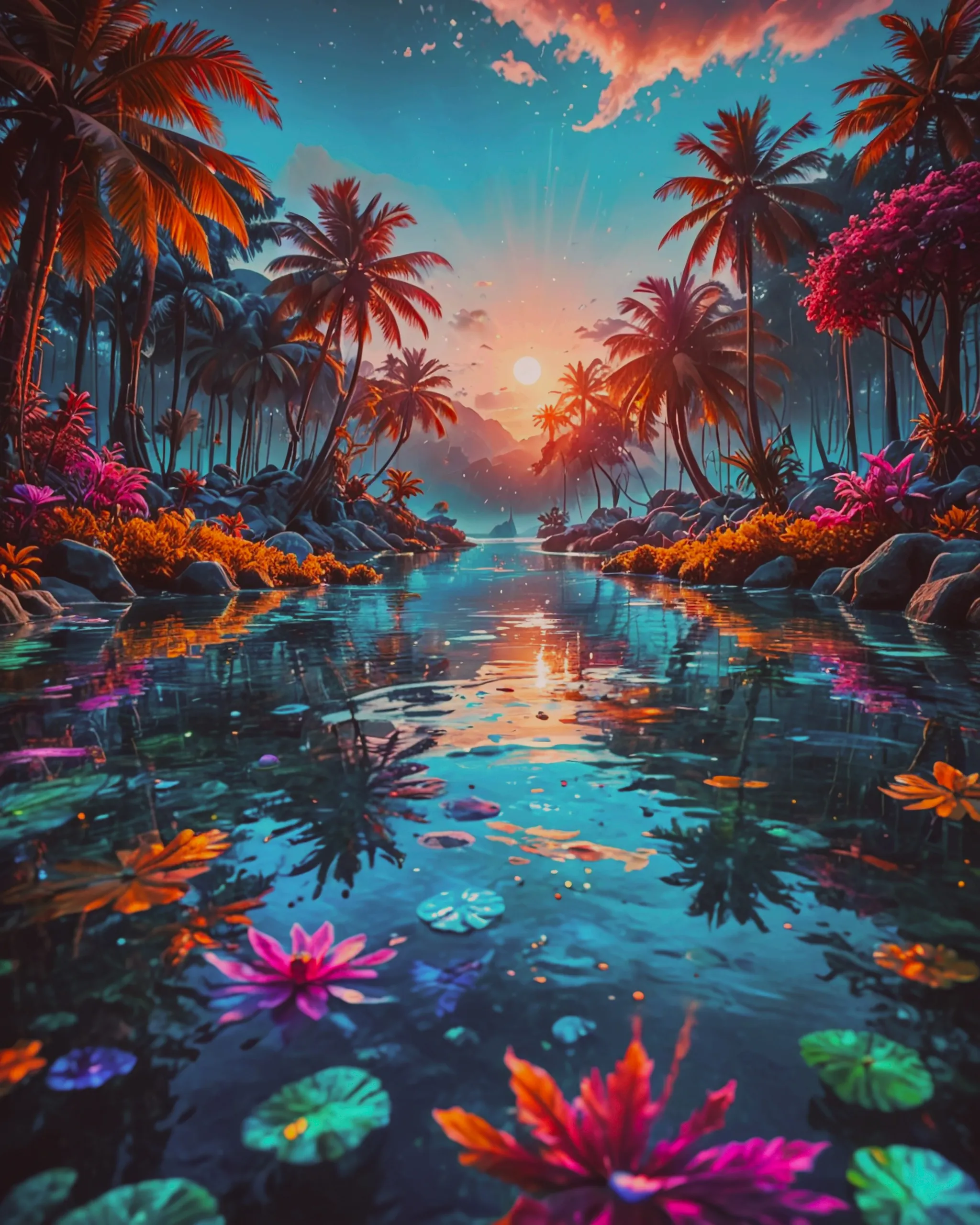 Fantasy lagoon completely made of colorful light 8K UHD