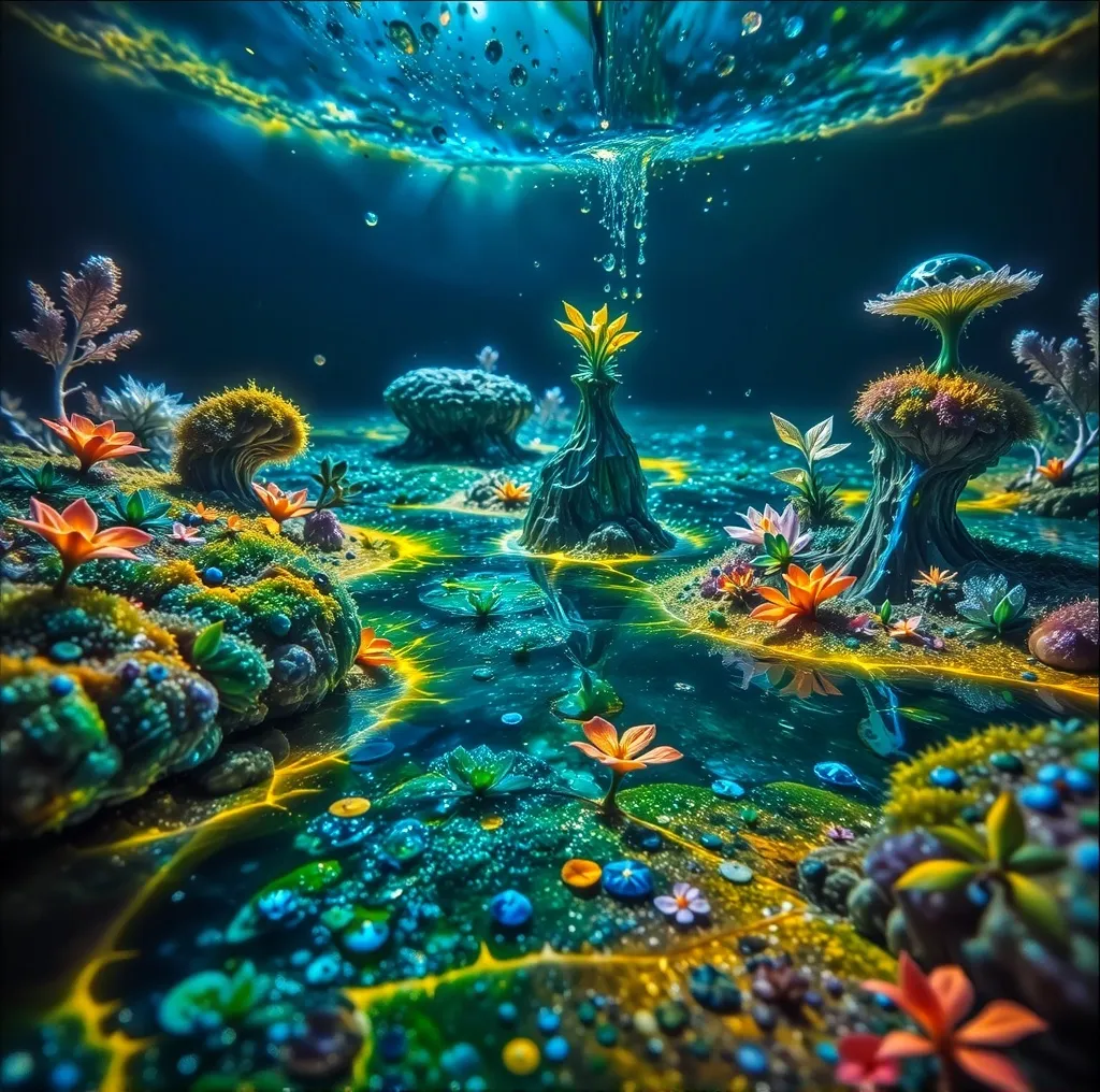 Underwater panoramic of a lagoon full of colorfull algae and corals that are sculptures in pop colorfull style. Enhanced pro lights focused on sculptures. Lively and colored, UHD