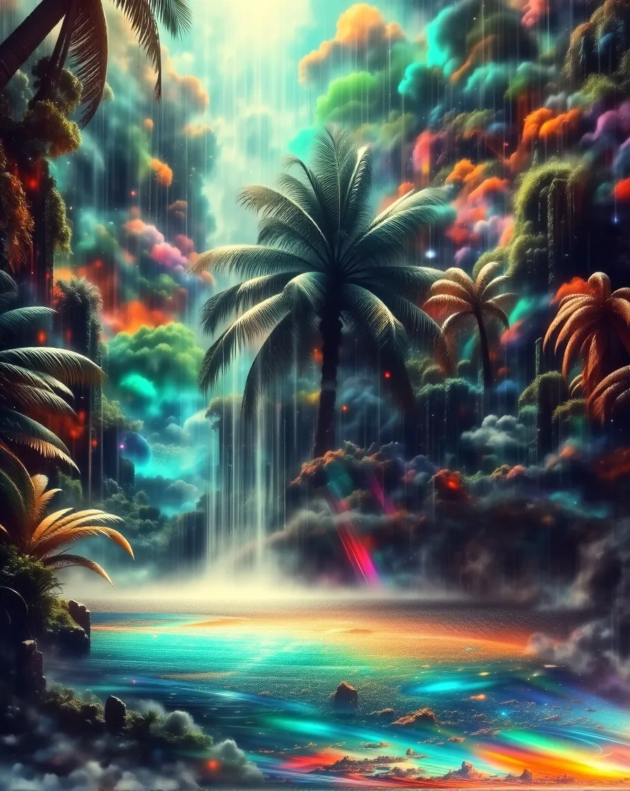 Tropical lagoon, palm tree, cromatic colours, rain dripping