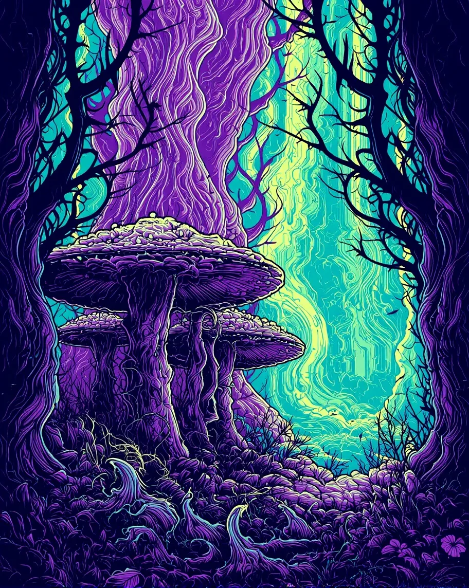 A psychedelic mushroom forest. - Free AI Photo Generator - starryai