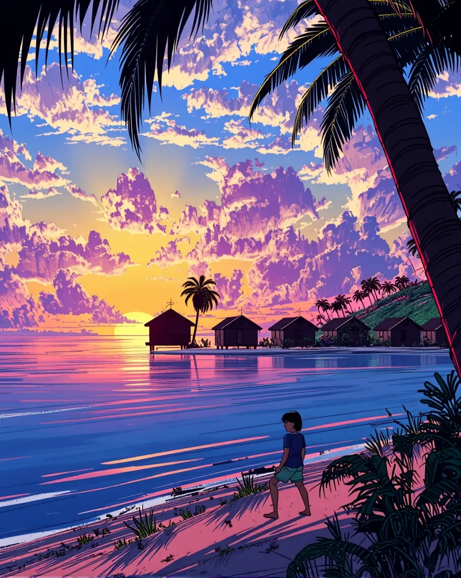 tropical beach, sunset, overwater bungalows, palm trees, calm blue water, person in blue top, high detail, digital art, vibrant colors, warm lighting, serene atmosphere, repeat information.