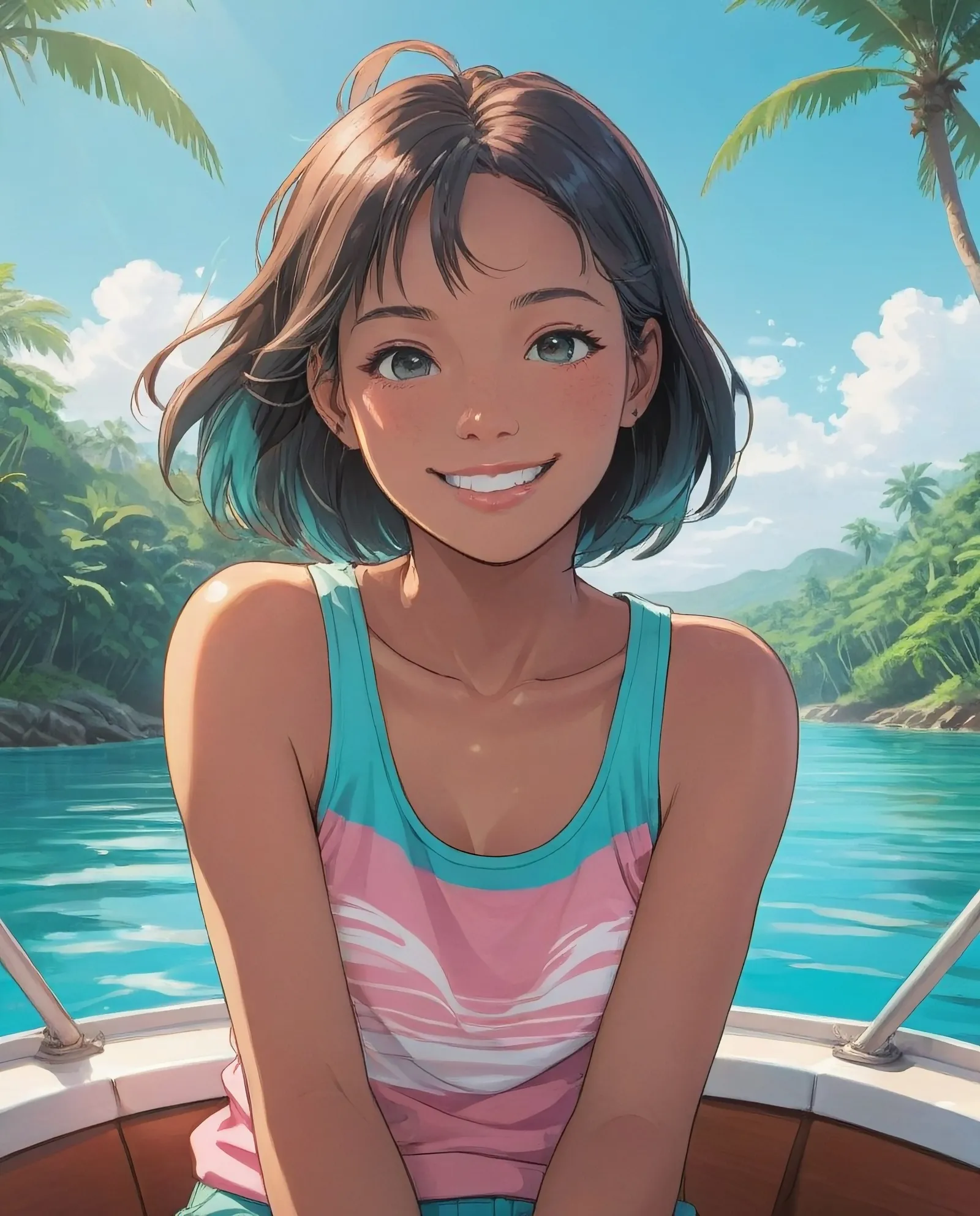 A woman a slightly tanned sitting - Free AI Photo Generator - starryai