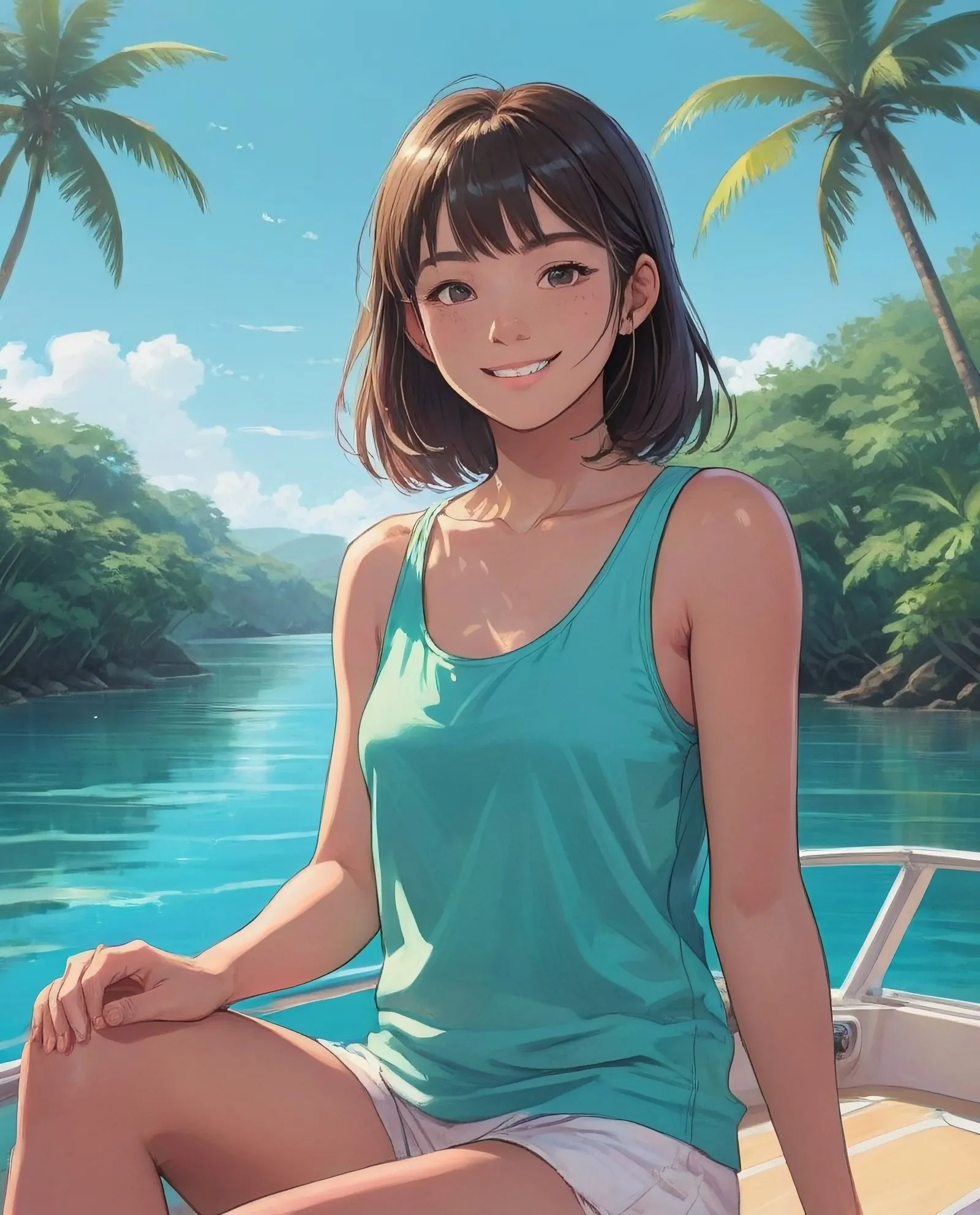 A woman a slightly tanned sitting - Free AI Photo Generator - starryai