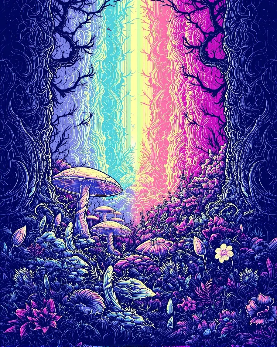 A psychedelic mushroom forest - Free AI Photo Generator - starryai