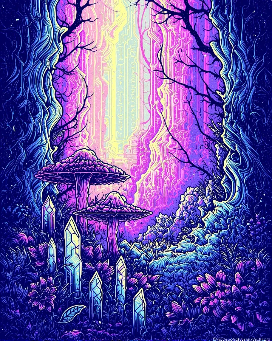 A psychedelic mushroom forest - Free AI Photo Generator - starryai