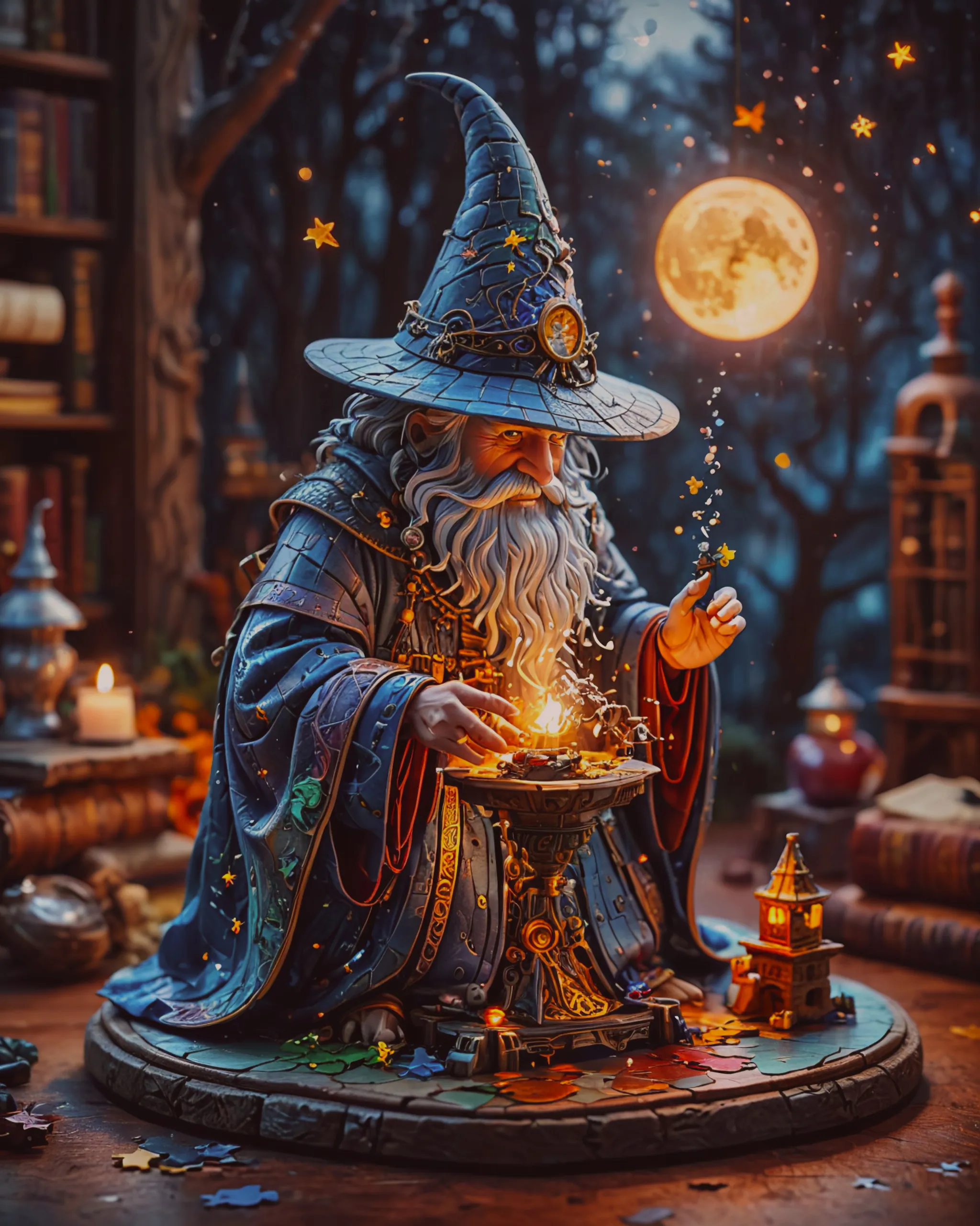 A puzzle being animated by a wizard spell that is moving on its own into place, highest detail, highest resolution, highest definition, highest realism