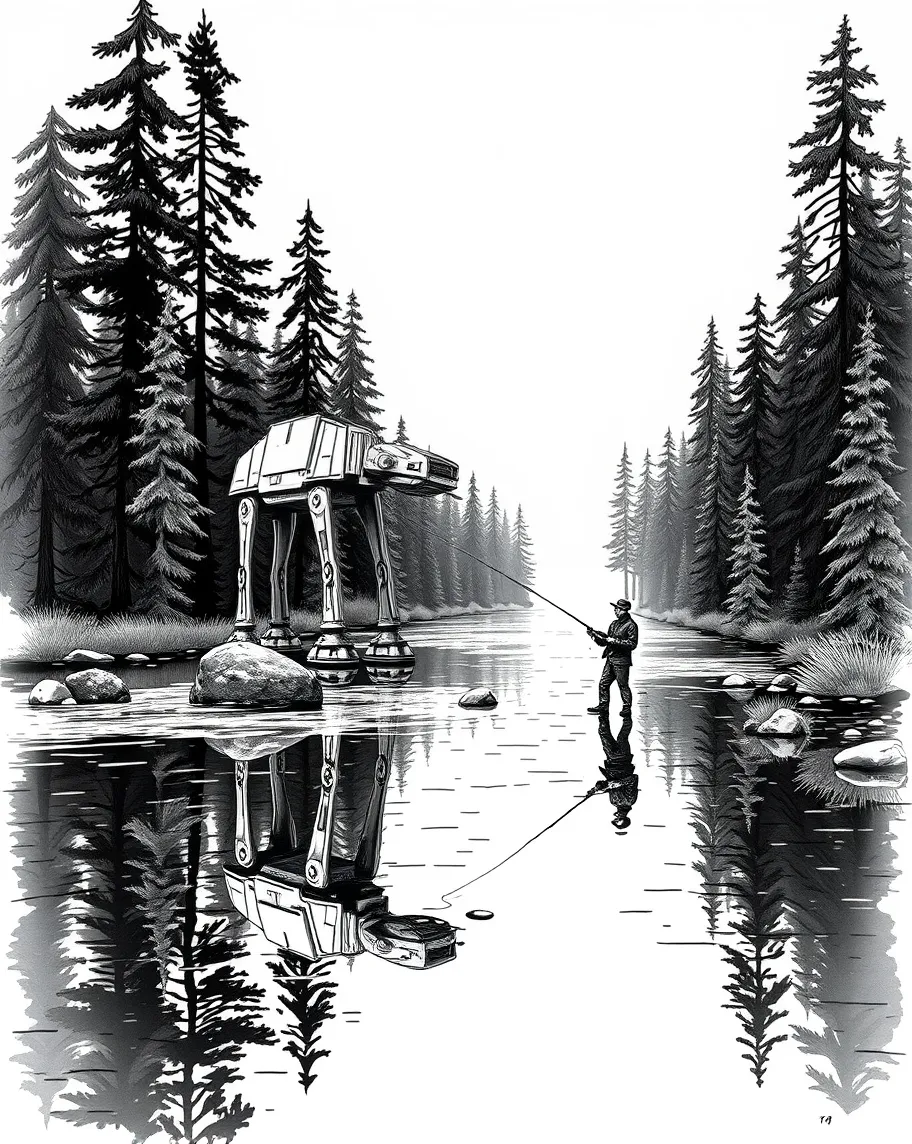 Draw fishing, river, serene, nature, forest, pine trees, AT-AT, Star Wars, surreal, reflection, tranquility, fisherman, fly fishing, fantasy, juxtaposition, humor, peaceful, adventure, iconic, landscape
